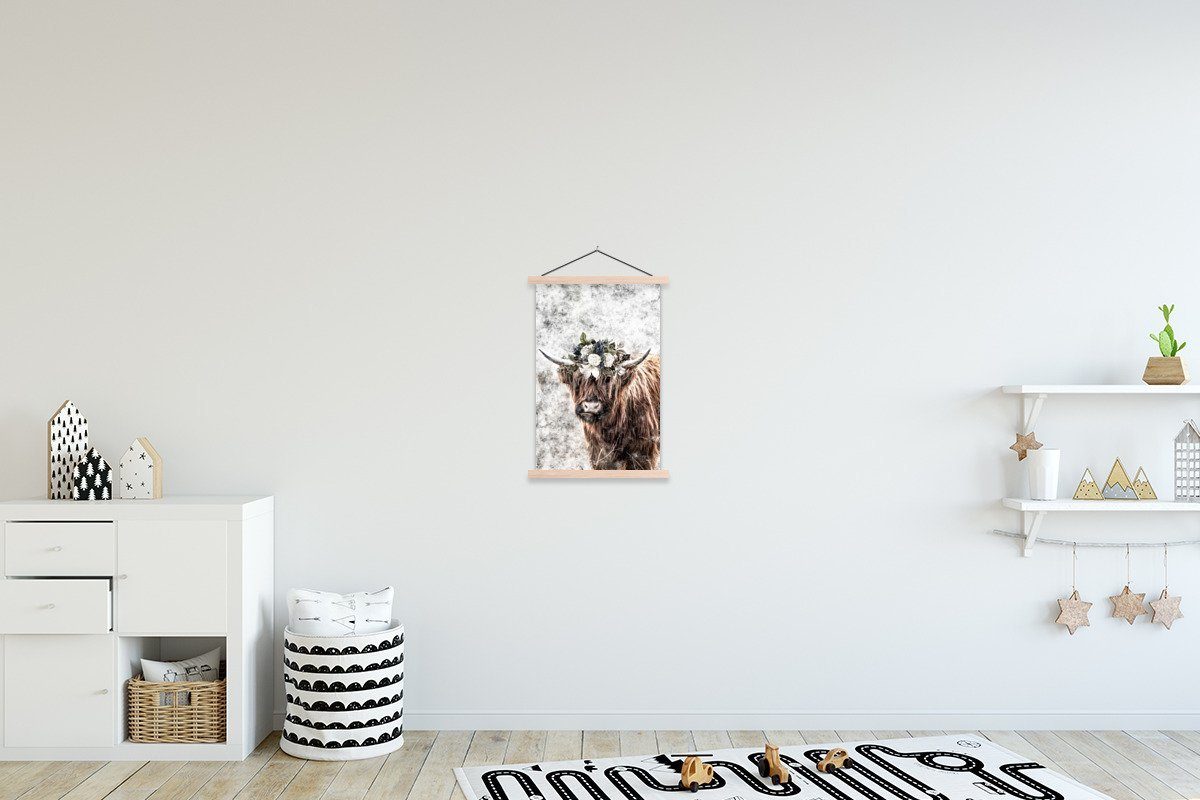 Magnetisch - Schwarz Highlander Wohnzimmer, - MuchoWow Poster für Posterleiste, Schottischer Bilderleiste, - St), Weiß Textilposter (1 Blumen,