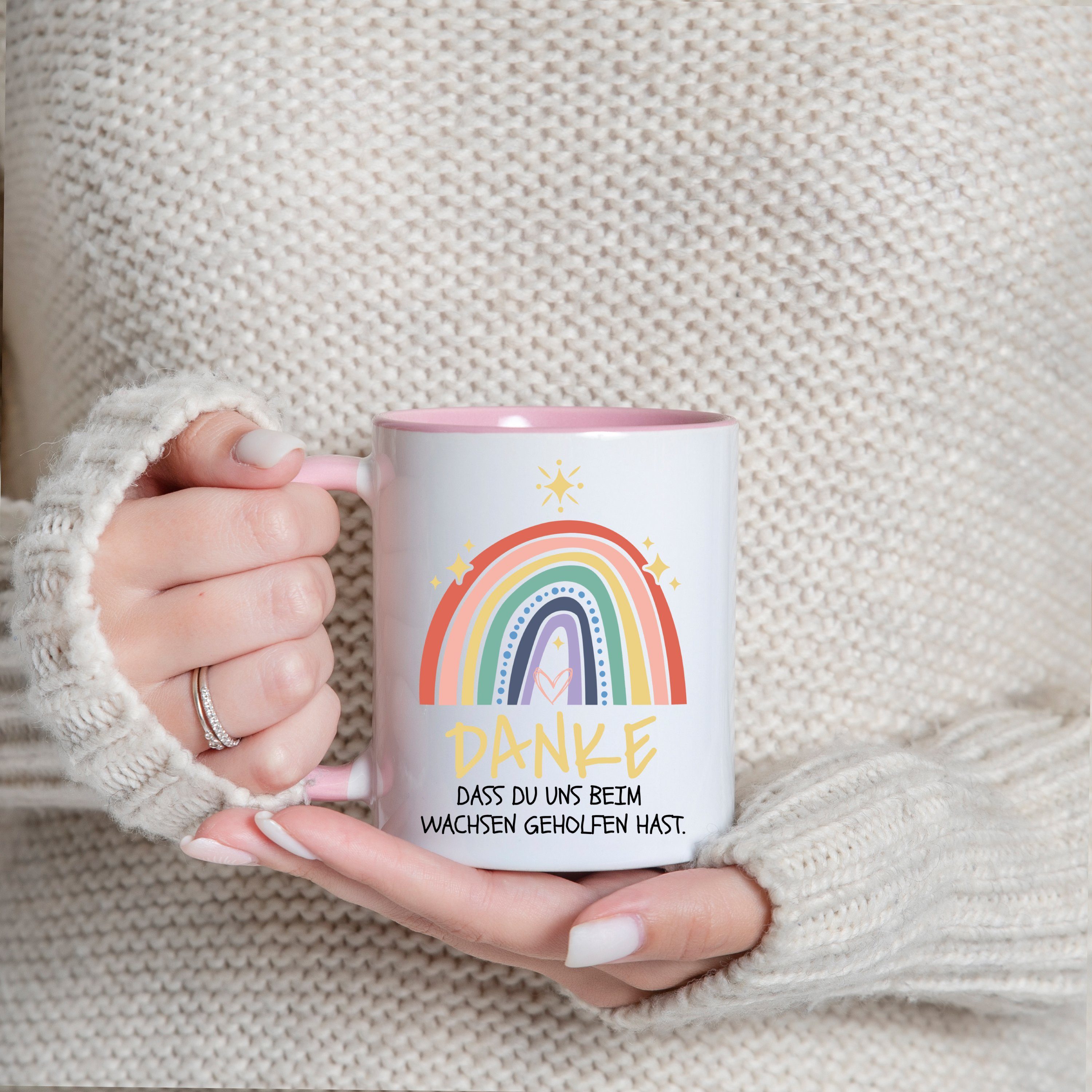 Youth Designz Tasse DANKE DASS DU UNS BEIM WACHSEN GEHOLFEN HAST Kaffeetasse Geschenk, Keramik, mit Süßem Spruch
