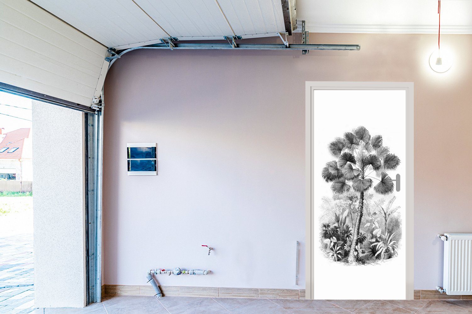 75x205 St), Tür, und Türaufkleber, weiß MuchoWow - Fototapete Türtapete Matt, - Design - Schwarz Palme, (1 cm für Blätter bedruckt,