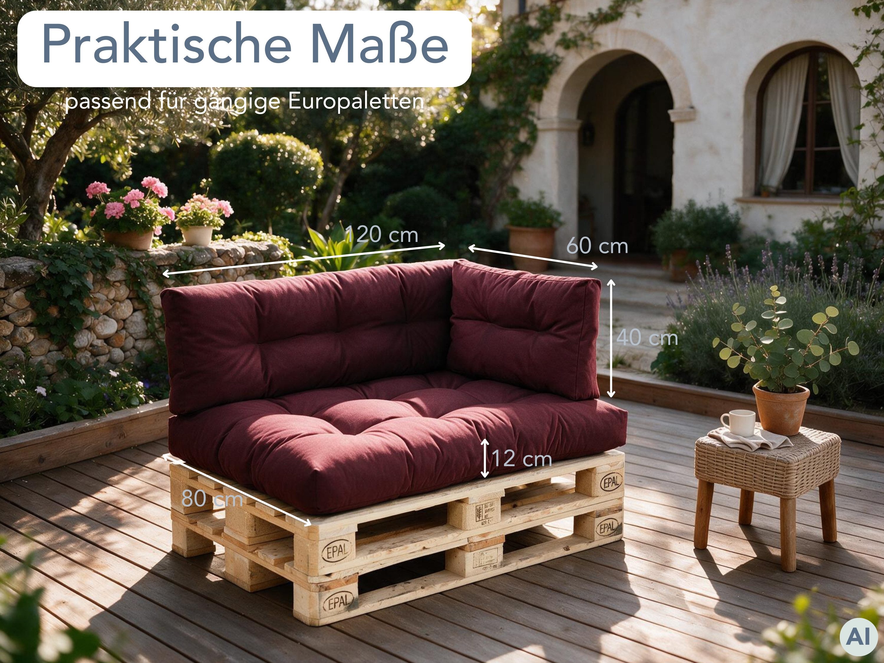 XDREAM Palettenkissen Sitzkissen, Rückenkissen und Seitenkissen (Einzeln oder als Set), passend für handelsübliche Europaletten/ Indoor & Outdoor geeignet – Bild 2 von 5