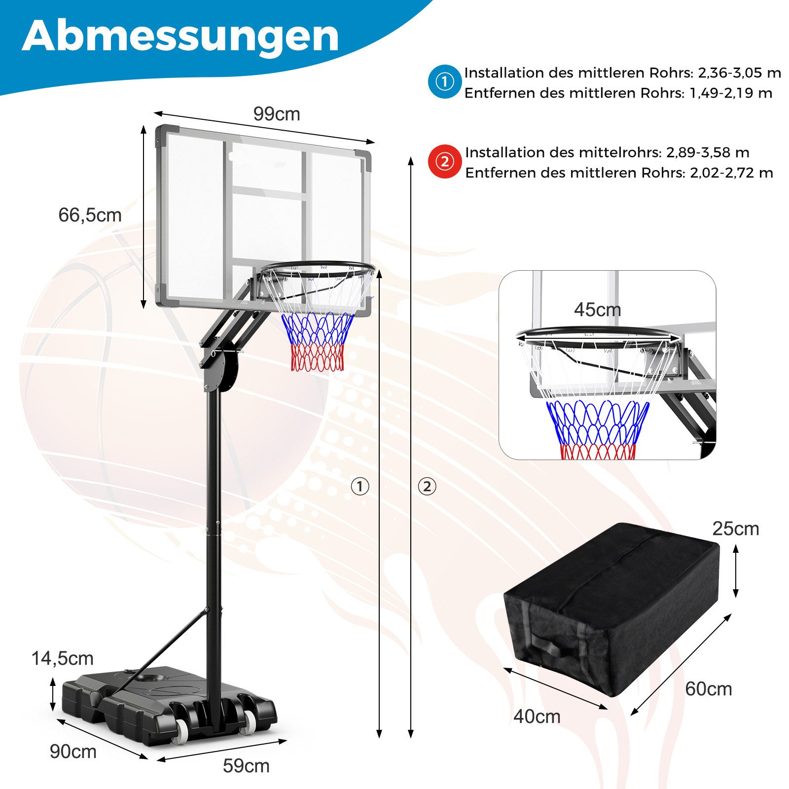 COSTWAY Basketballständer, Basketballkorb 149-305cm höhenverstellbar
