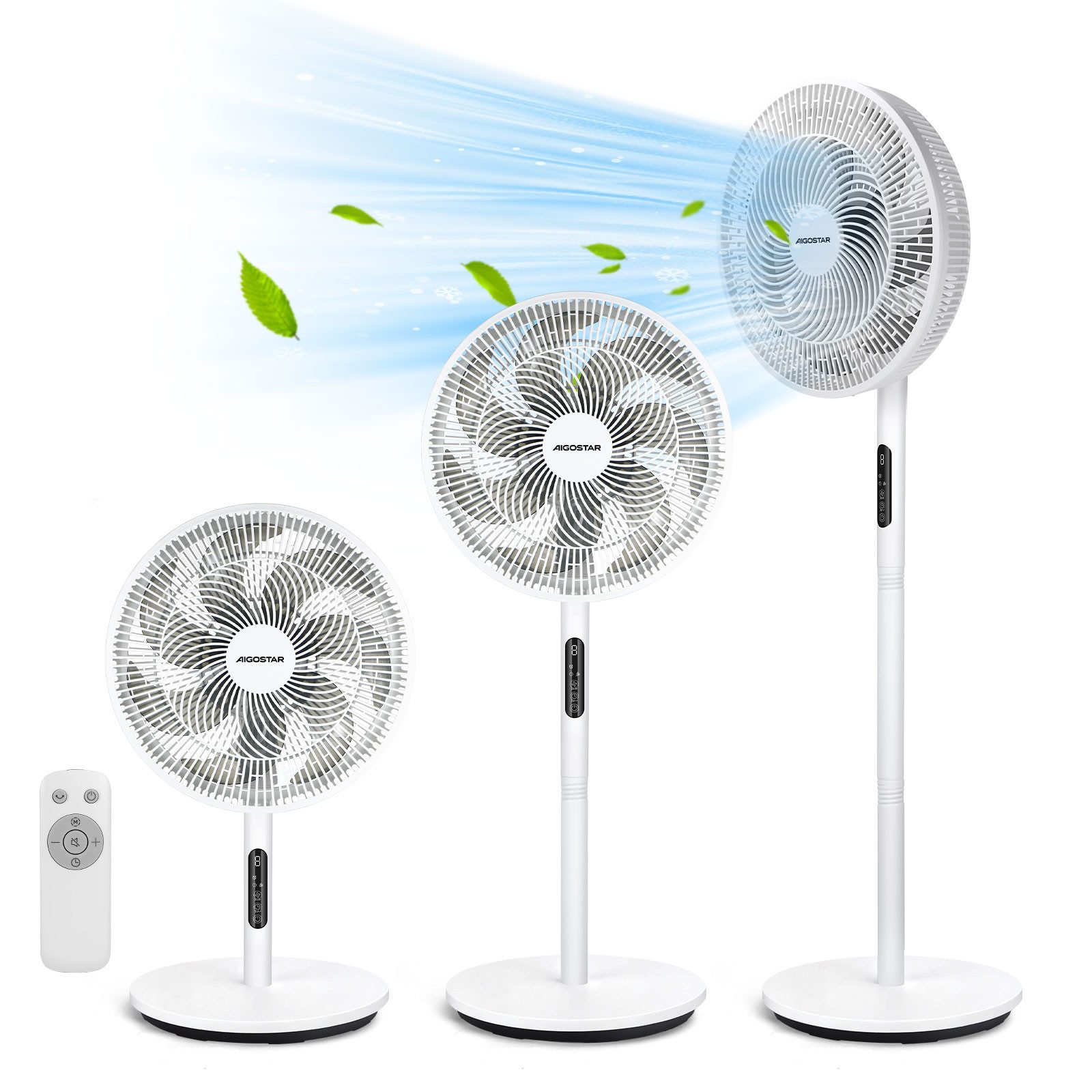 Aigostar Standventilator BLDC Standventilator, 9 Stufen, leise, 9h-Timer, 3D-Oszillation, BLDC Motor, Werkzeuglose Montage, Flüsterleise