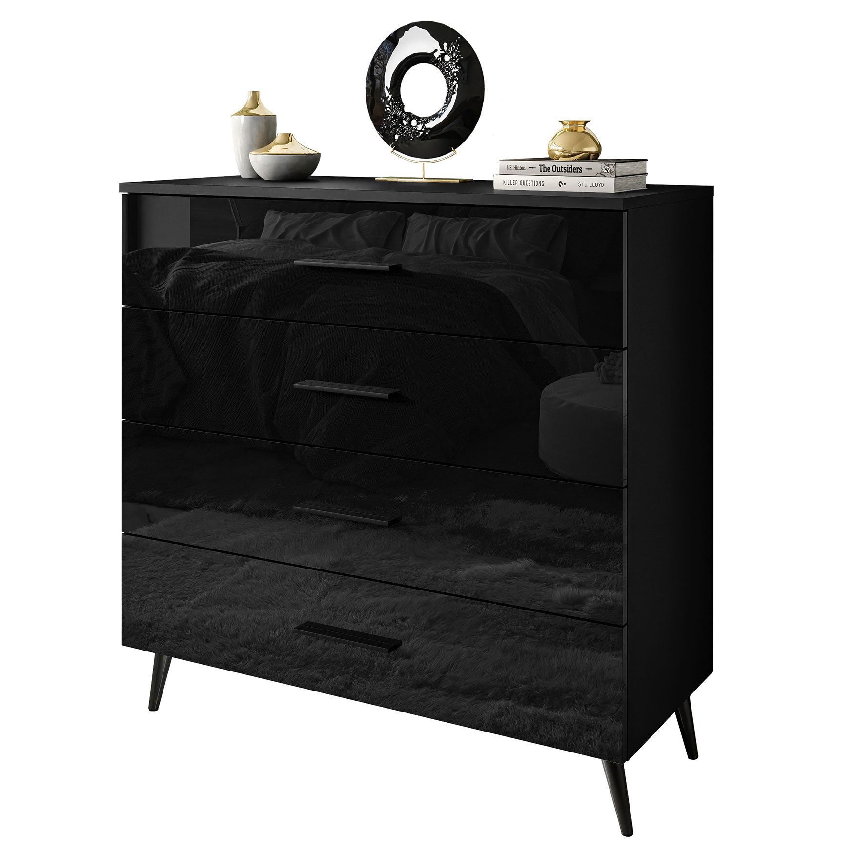 Lookway Kommode AURA 4S Schwarz mit Schubladen und Griffe