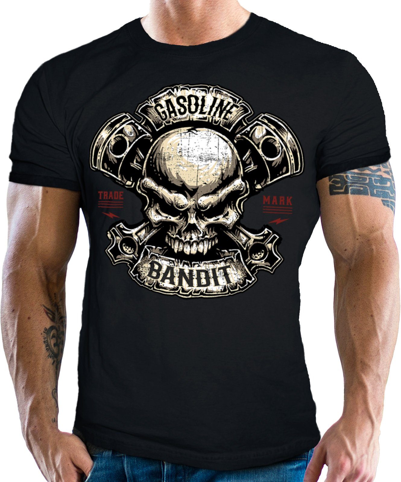 T-Shirt Biker Piston Fans: schwarz für Racer BANDIT® Skull in GASOLINE