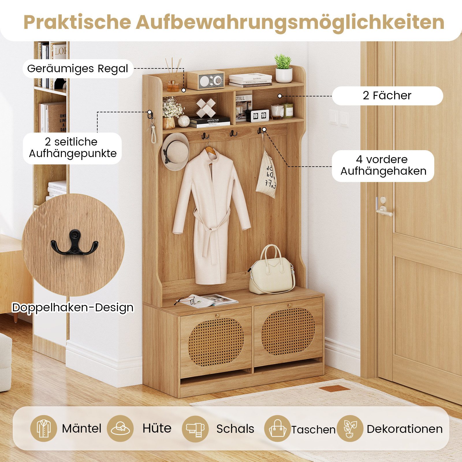 COSTWAY Kleiderständer, Holz, mit Schuhbank, Klappschubladen, Garderobe Natur
