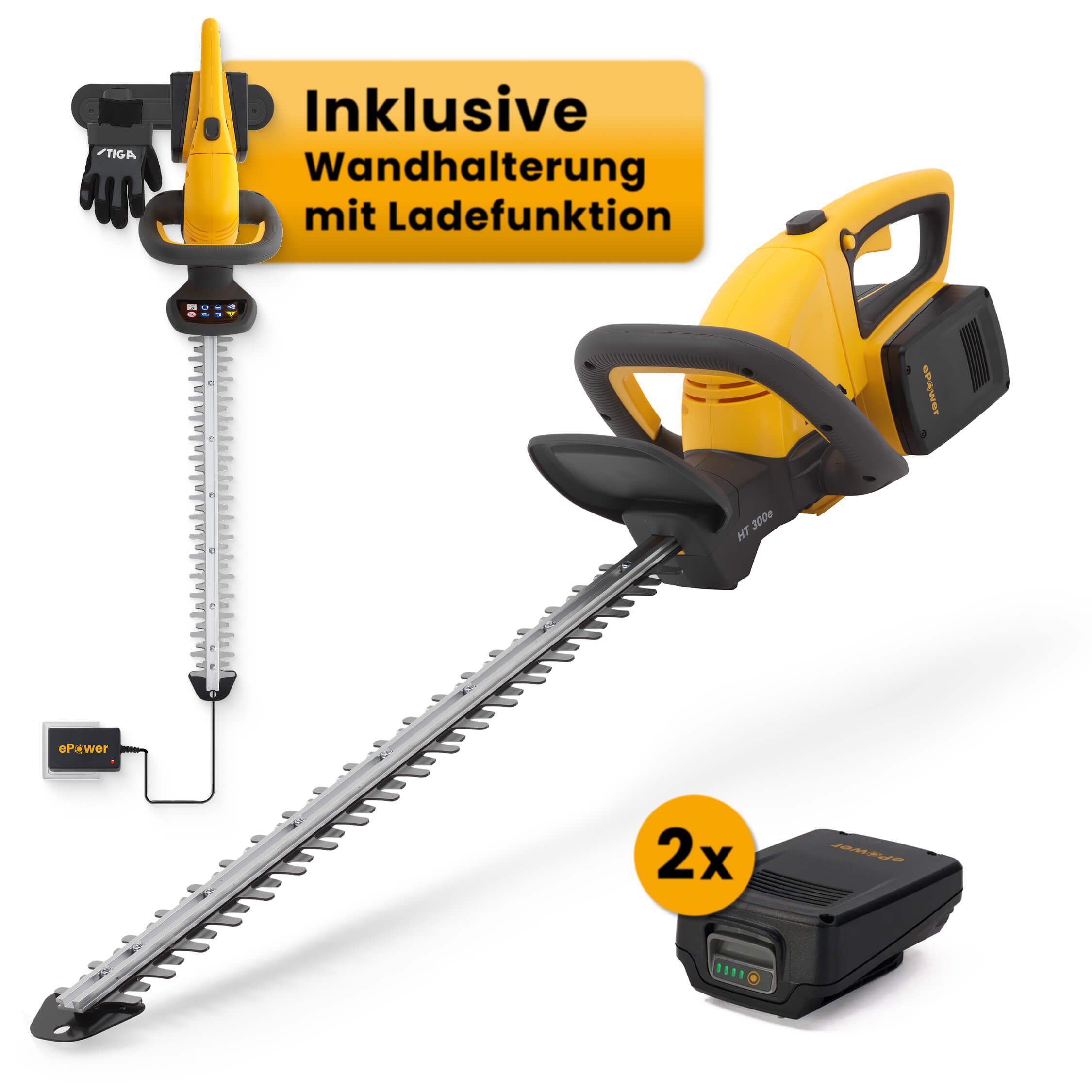 STIGA GARDEN Akku-Heckenschere HT 300e, (Set, Inkl. 2x 20 V (2 Ah) Akku, Schutzhülle, Wandhalterung und Ladegerät), 54 cm Schnittlänge
