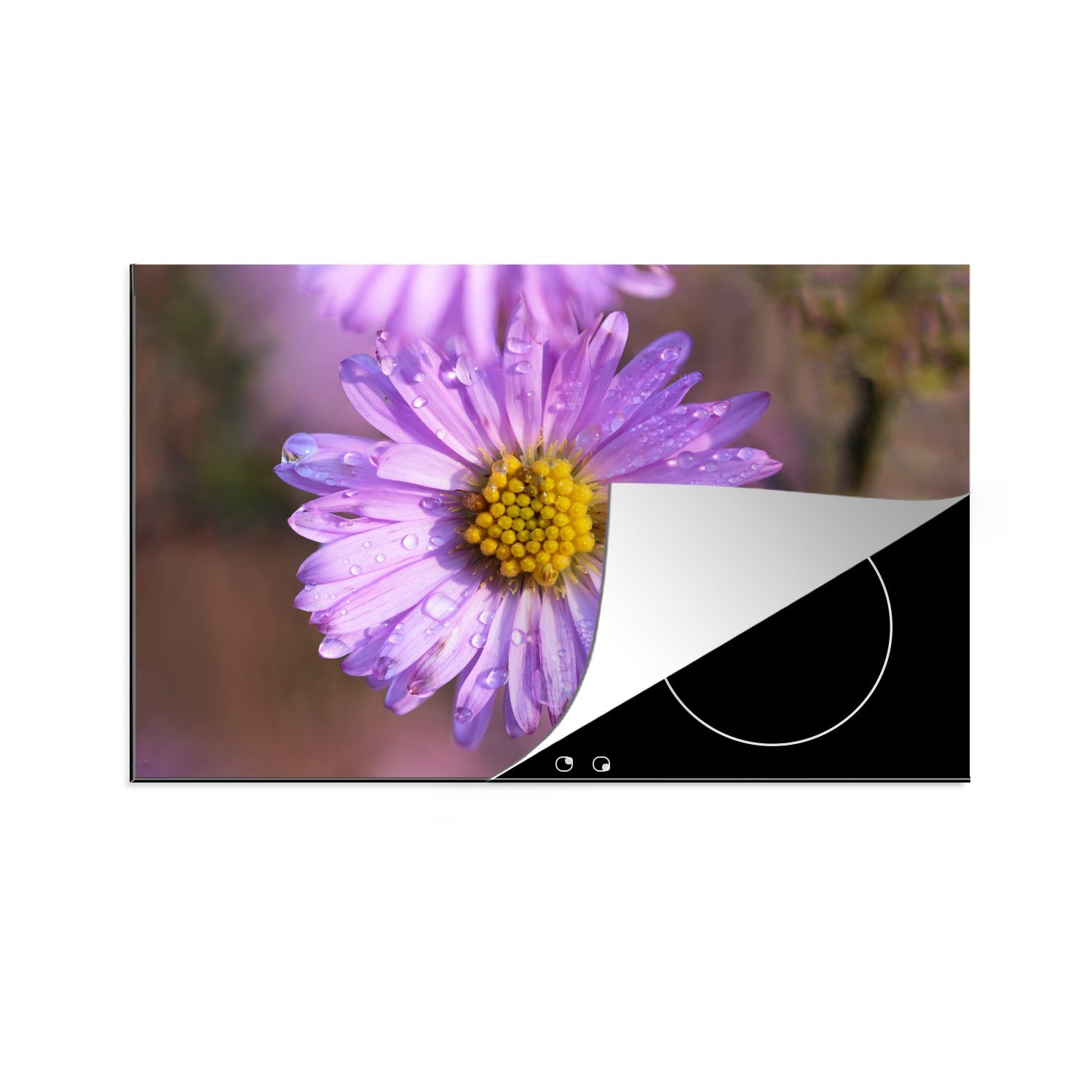 MuchoWow Herdblende-/Abdeckplatte Wassertropfen auf einer Sternblume, Vinyl, (1 tlg), 81x52 cm, Induktionskochfeld Schutz für die küche, Ceranfeldabdeckung