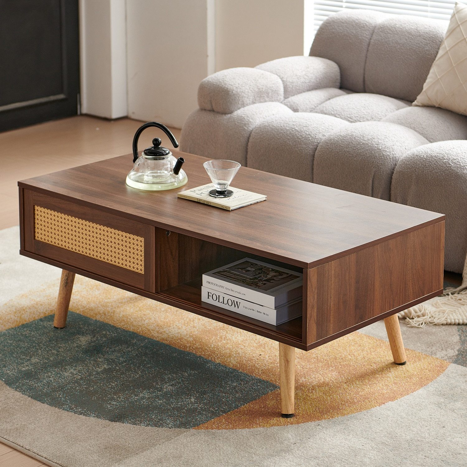 ANYSUN Couchtisch 105cm,Wohnzimmertisch mit Stauraum und Schiebetüren, Geflecht-Design, verstellbare Füße und einfache Montage