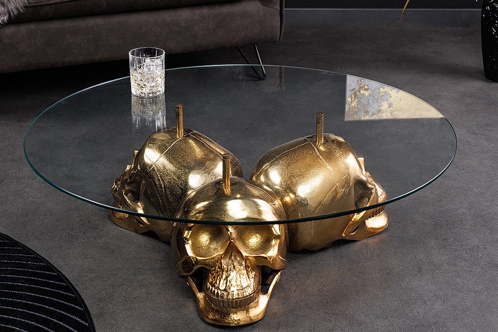 riess-ambiente Couchtisch SKULL XXL 90cm gold Glas rund – Totenkopfgestell, günstig online kaufen