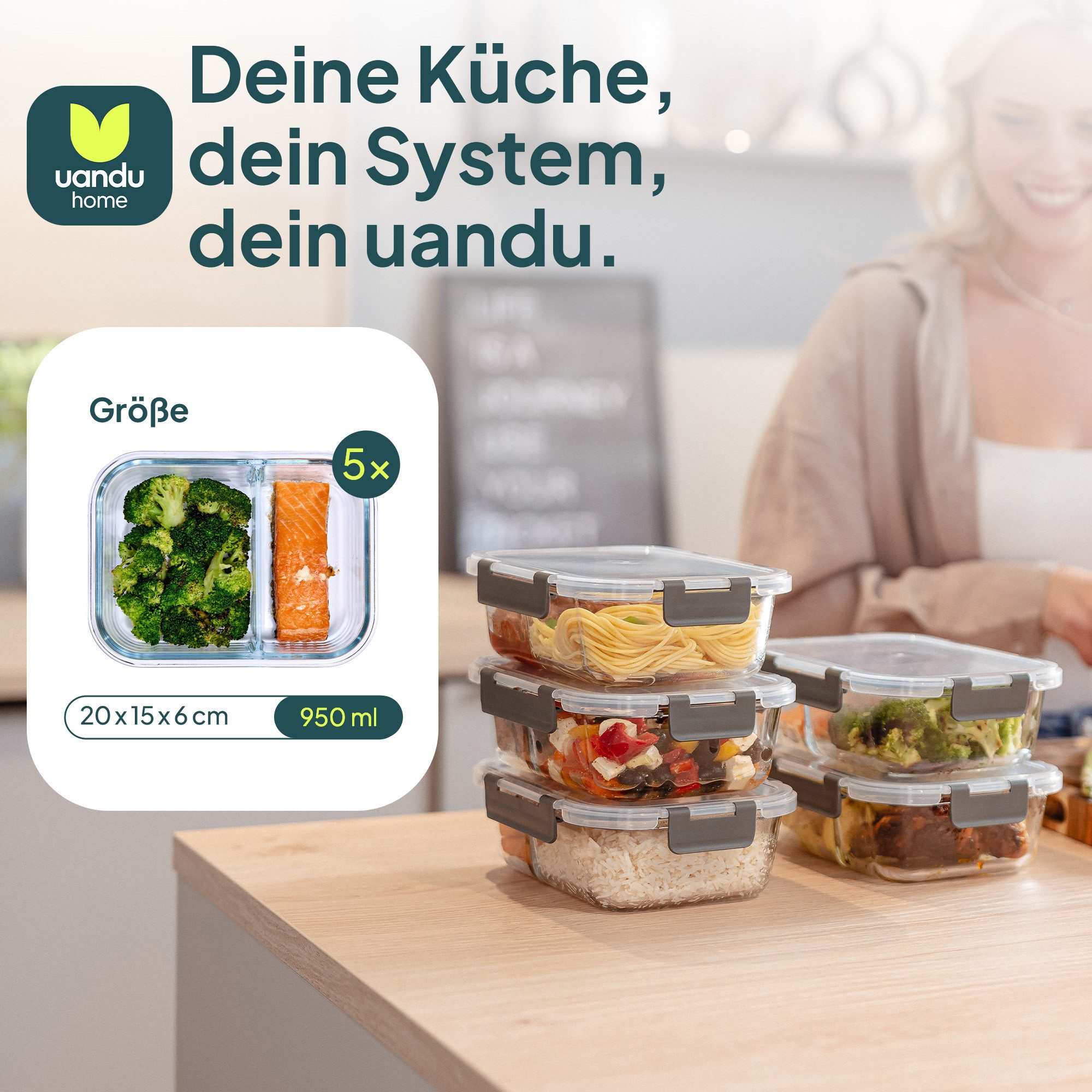 uandu home Frischhaltedose Glasbehälter mit Deckel, Frischhaltedosen Glas mit Deckel, (glasdosen mit deckel set, glas tupper mit deckel, glass food container, f – Bild 2 von 5