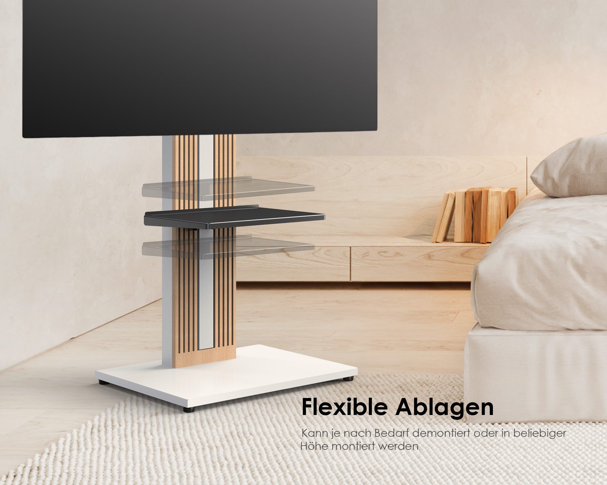 FITUEYES TV-Ständer TV-Standfuß mit verstellbarer Ablage, 32-65 Zoll, (bis 65,00 Zoll, höhenverstellbar, schwenkbar ±30°, aus Buchenholz)