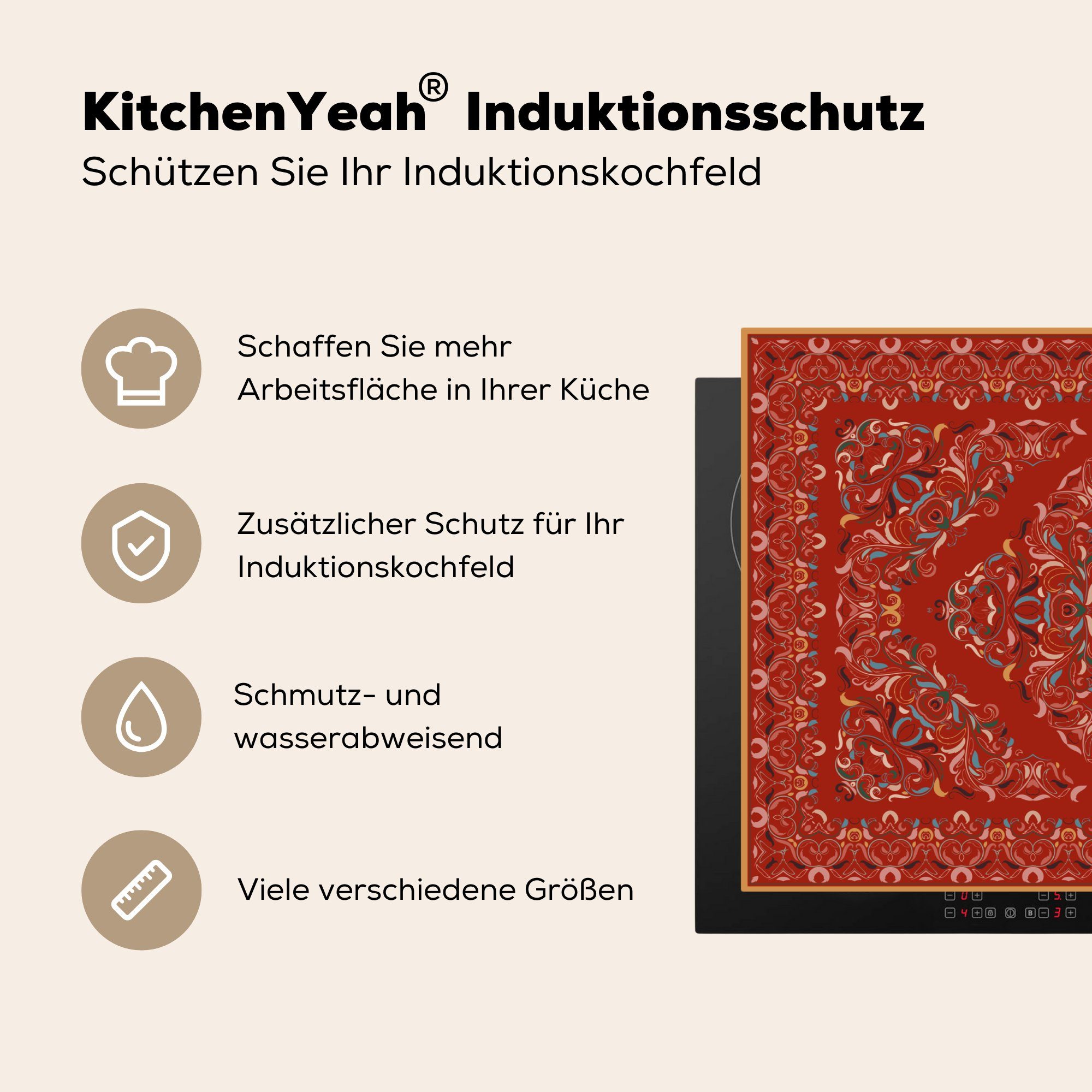 Schutz Herdblende-/Abdeckplatte - für Muster - 81x52 küche, cm, - MuchoWow Vinyl, Teppiche Induktionskochfeld Rot, tlg), die Teppiche Persische (1 Ceranfeldabdeckung