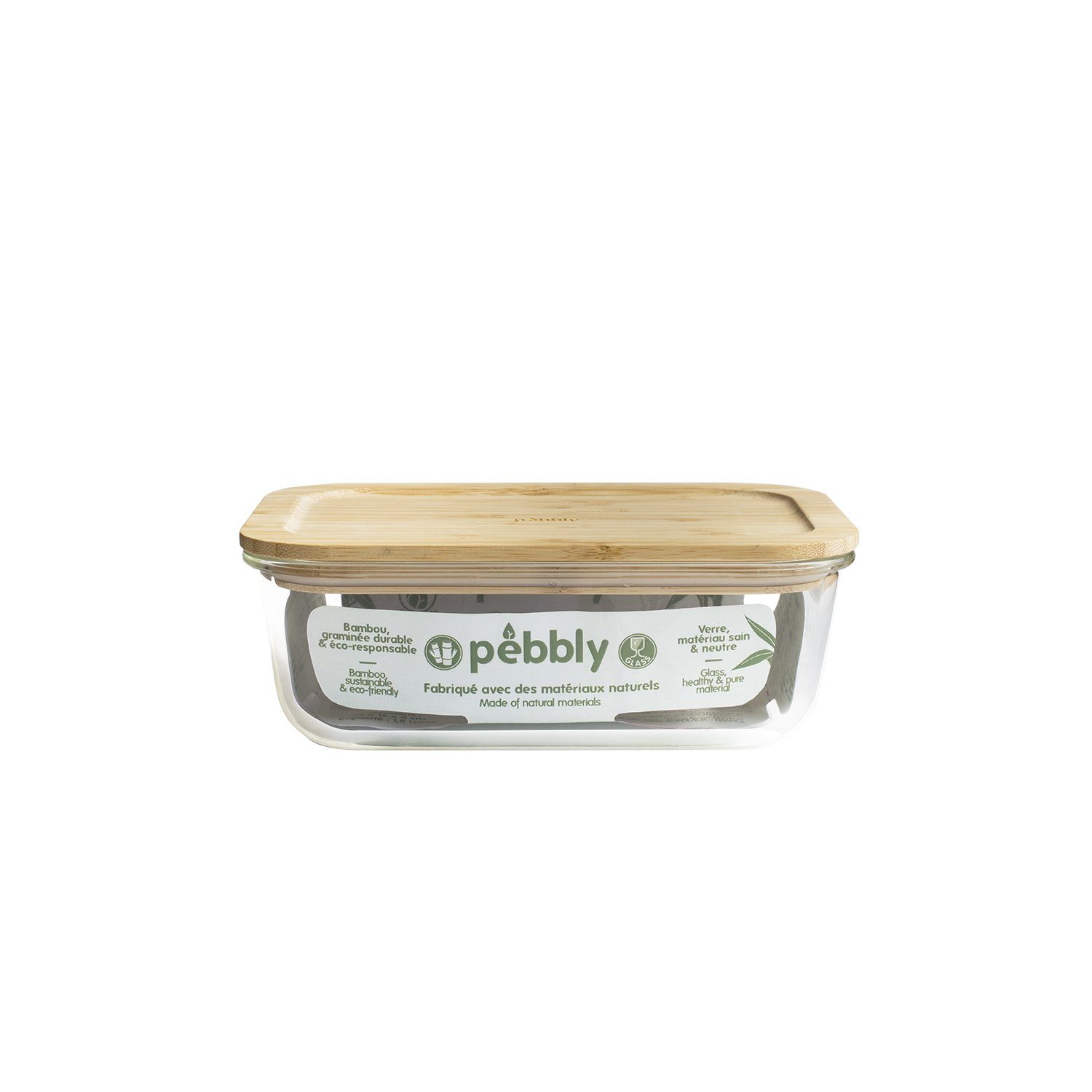 Pebbly Vorratsdose Pebbly Glasbehälter rechteckig mit Bambusdeckel 1800 ml, Borosilikatglas, Bambus, Silikon