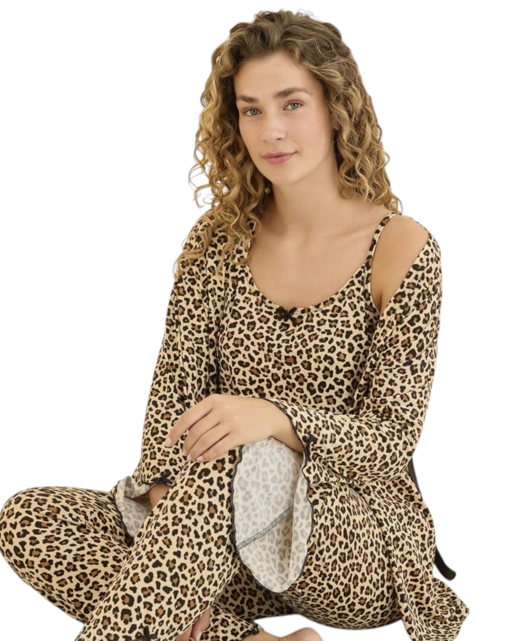 fashionshowcase Pyjama Damen 3-teiliges Set - Hausanzug mit Top, Hose & Morgenmantel (Nachtwäsche-Set, 3 tlg) Dreiteiliges Damen Set mit Muster und Details