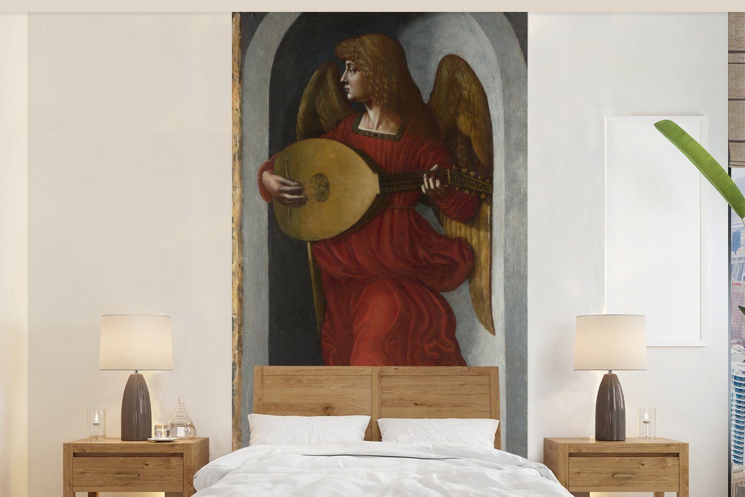 MuchoWow Fototapete Ein Engel in Rot mit einer Laute - Leonardo da Vinci, Matt, bedruckt, (2 St), Vliestapete für Wohnzimmer Schlafzimmer Küche, Fototapete