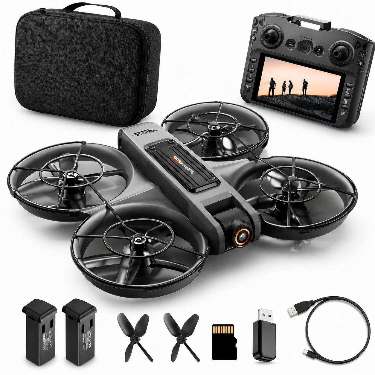 Goldstern-Tech RC-Quadrocopter Drohne (mit 12,5-cm Full-HD Display-Fernsteuerung bis 60min Flugzeit, komplett geschütztem Propellerdesign inkl. 8GB SD-Karte), Dualkamera mit 90° Winkel & 50x Zoom, Optical-Flow, Brushless-Motoren