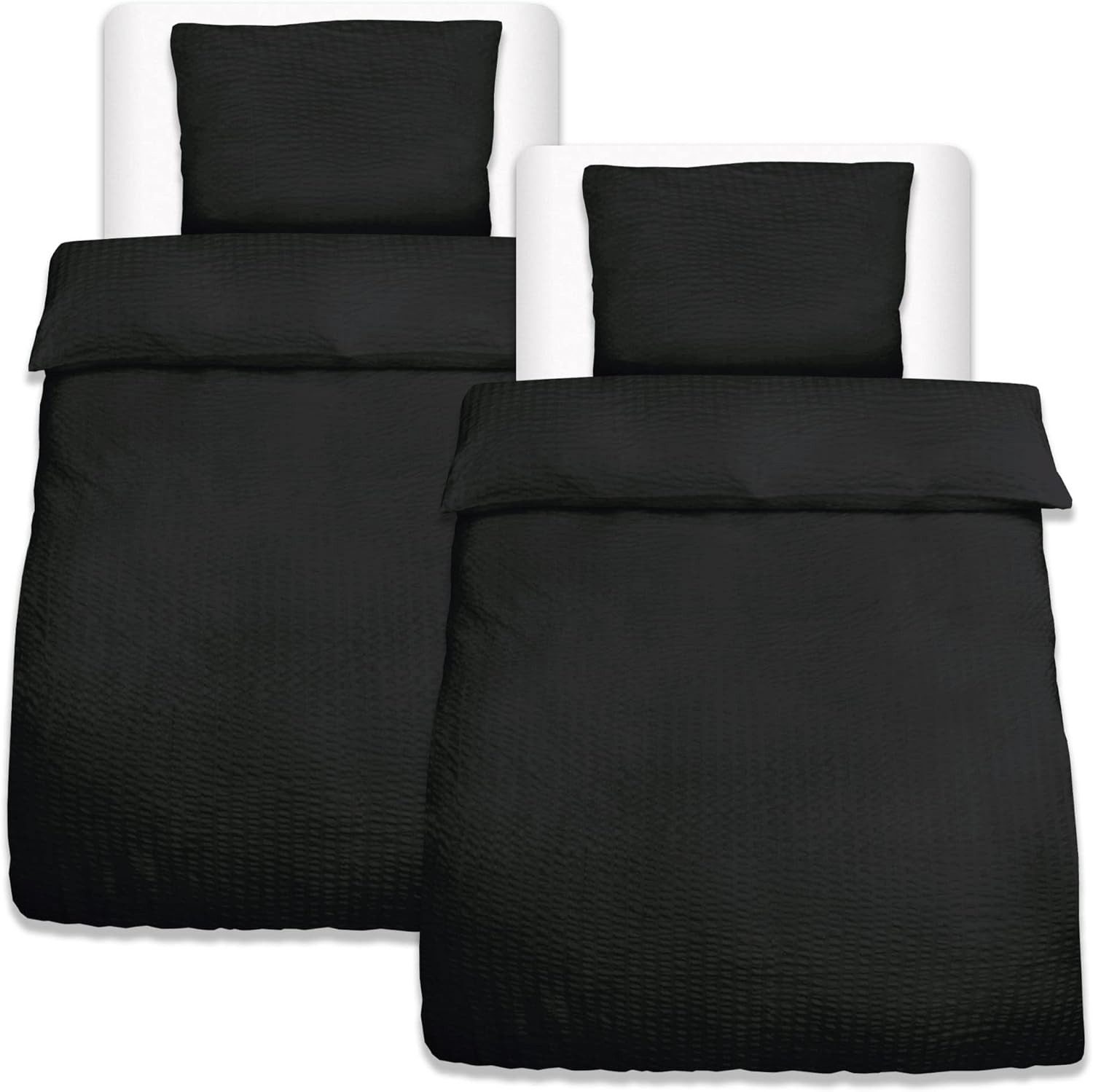 Beautissu Bettwäsche 4tlg Seersucker Bettwäsche 155x220 cm & Kopfkissen 80x80 cm, Schwarz, Bügelfrei Bettwäsche-Sets Bettbezug Sommerbettwäsche