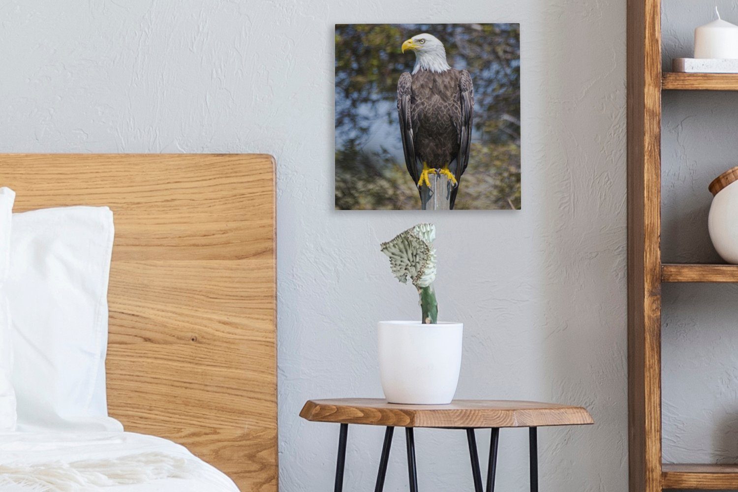 OneMillionCanvasses® Schlafzimmer Leinwandbild Bilder Weißkopfseeadler Wohnzimmer zur einer für St), Seite, schaut auf Ein Stange Leinwand (1