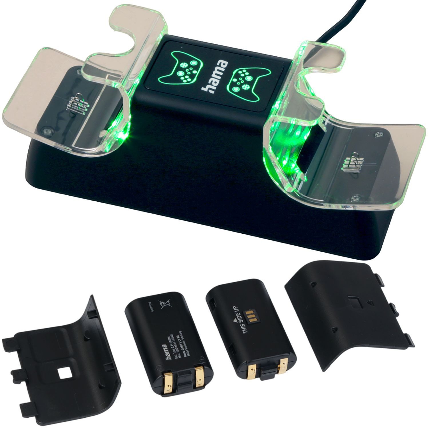 Hama Ladestation für XBOX Serie X S Wireless Controller Controller-Ladestation (Docking + 2x Akku, Spar-Set, USB Ladegerät Docking Dock Standfuß Lader 2x Port Ladeanzeige)