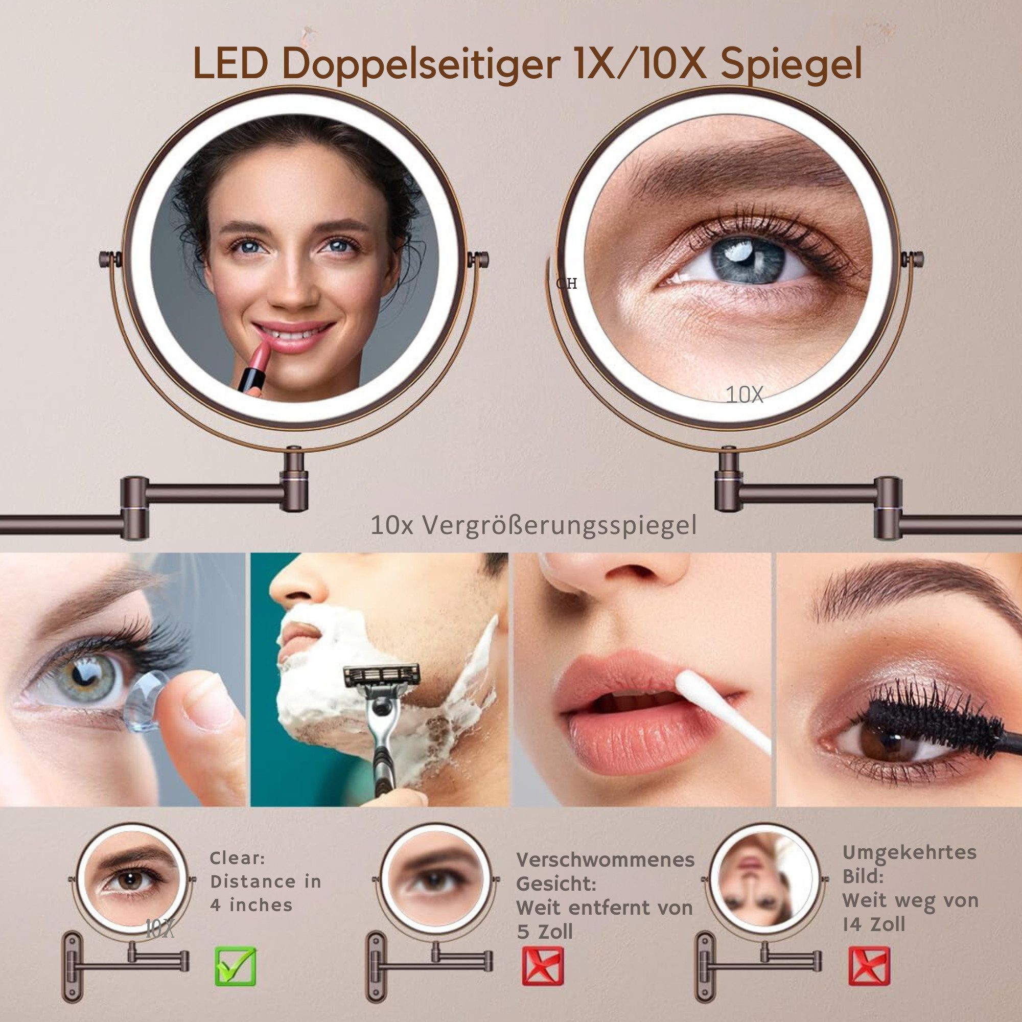 Vivitar Kosmetikspiegel Wiederaufladbarer beleuchteter Badezimmerspiegel, 1X/10X Vergrößerung (einfache Installation und 360-Grad-Drehung, Doppelseitig beleuchteter Kosmetikspiegel), Touch-Switch-Steuerung, einstellbare Helligkeit