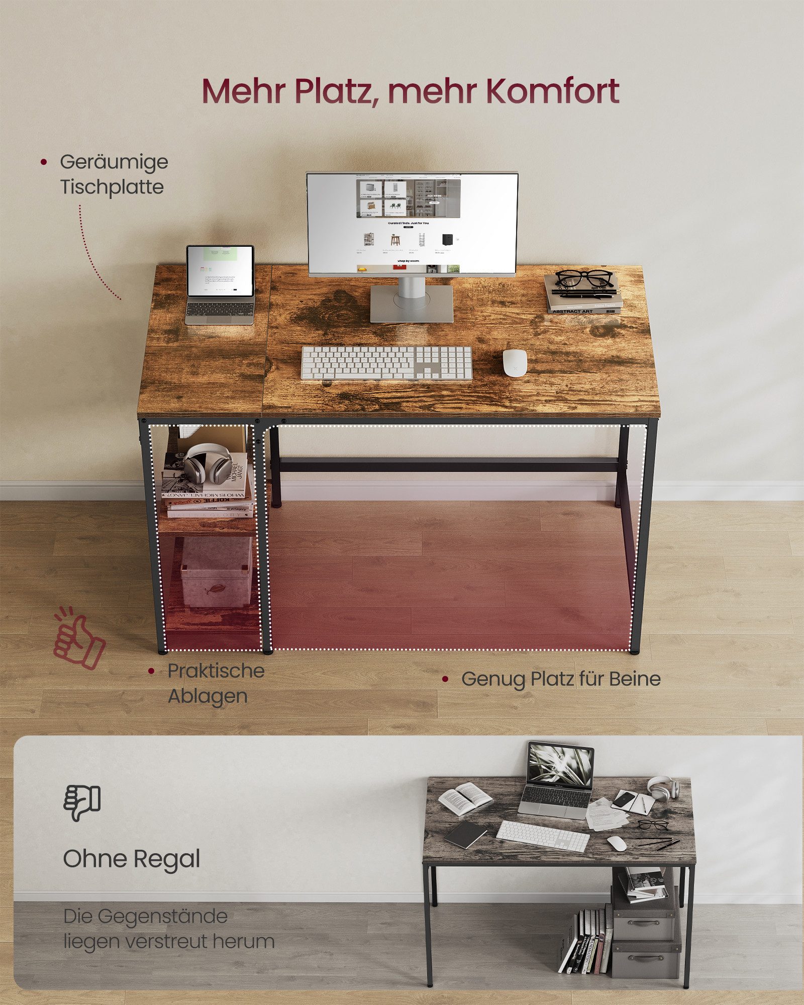 VASAGLE Schreibtisch Computertisch, Tisch, Bürotisch, 100/120/140cm, mit 2 Ablagen, moderner Stil