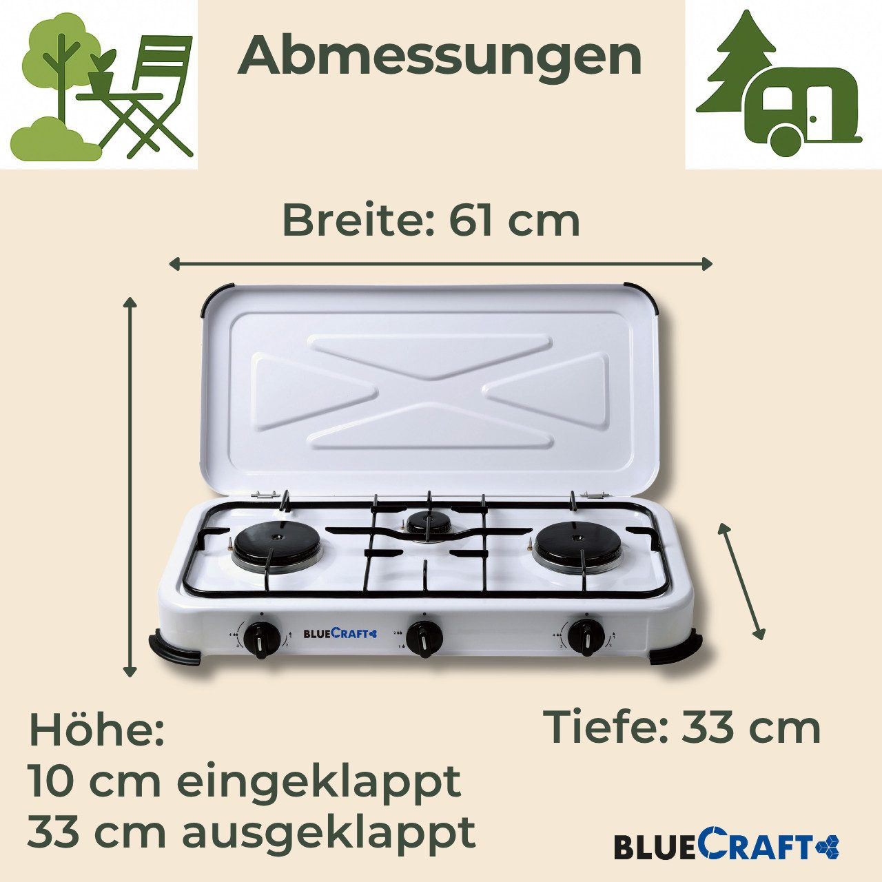 BlueCraft Gaskocher 3 flammig mit Zündsicherung 50mbar Propan Gas Campingkocher 5,25 kW, (mit Schlauch 100 cm und Gas Regler Druckminderer), Camping Gas Kocher  – Bild 2 von 5