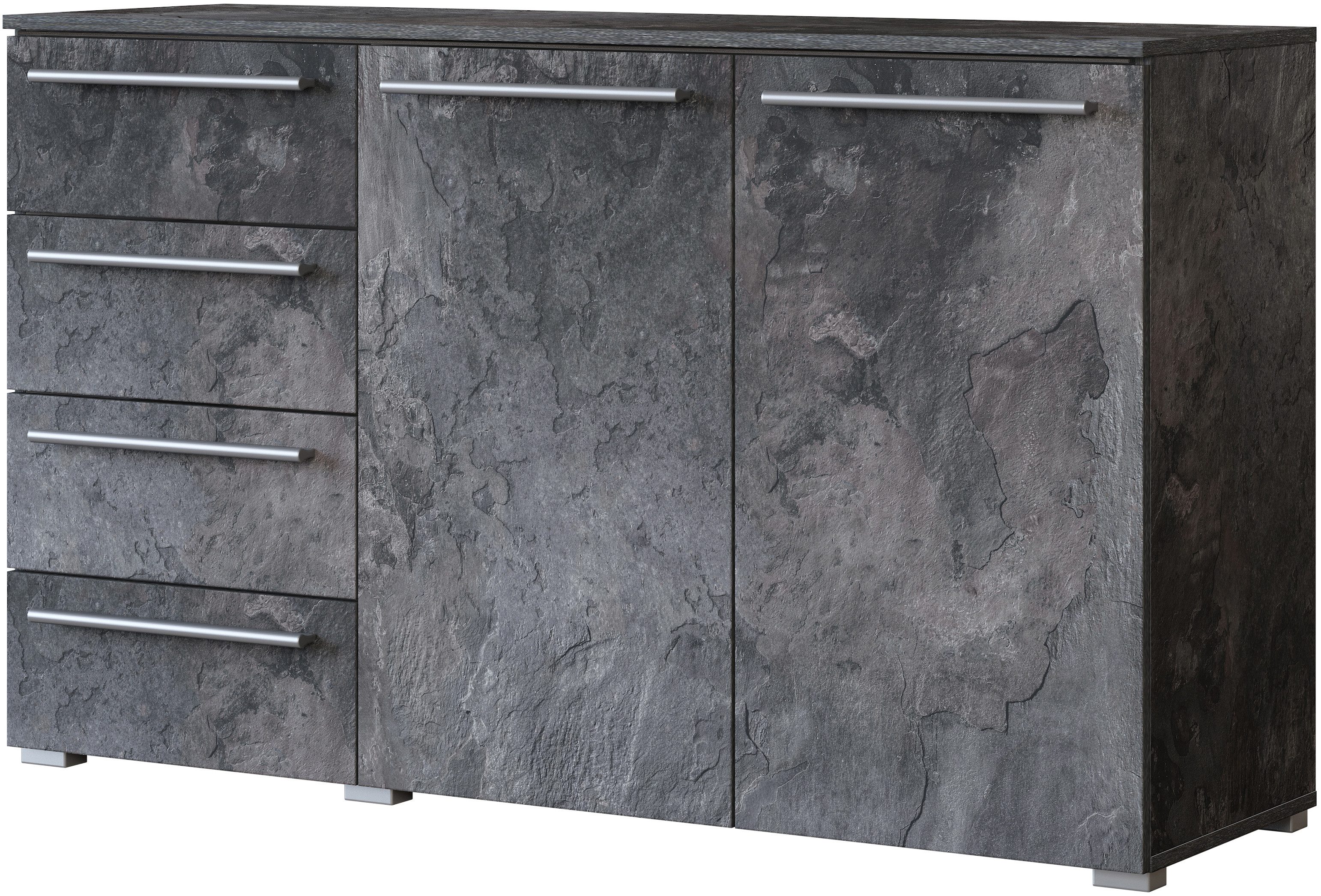 INOSIGN Sideboard India, aus FSC-zertifiziertem Holzwerkstoff, Made in Europe (135x81x41 (BxHxT), Schieferoptik oder weiß mit Hochglanzfronten), Schubladenschrank inklusive Beleuchtung mit Fernbedienung