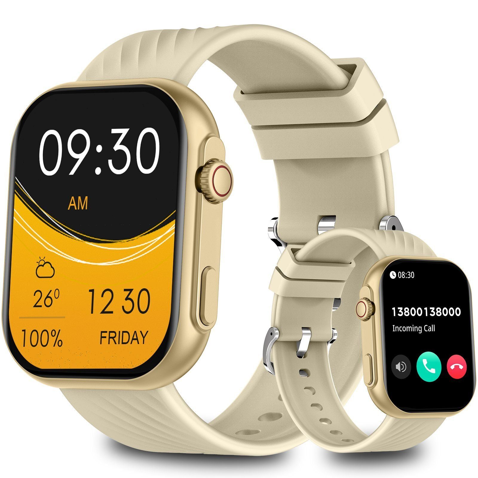 Yuede Smartwatch, Fitness Tracker uhr mit Anruffunktion für Damen und Herren Smartwatch (Quadratischer 2,01-Zoll-HD-Full-Touch-Farbdisplay Zoll Zoll) Gesundheits-Uhren mit Blutsauerstoff, Blutdruckmessung, Herzfrequenz, Schlafqualität, Schrittzähler, AI Voice, Musiksteuerung und SNS-Benachrichtigung etc., IP67 Wasserdichte Sportuhr mit mehr als 100 Sportmodi, für Android IOS Champagner Gold