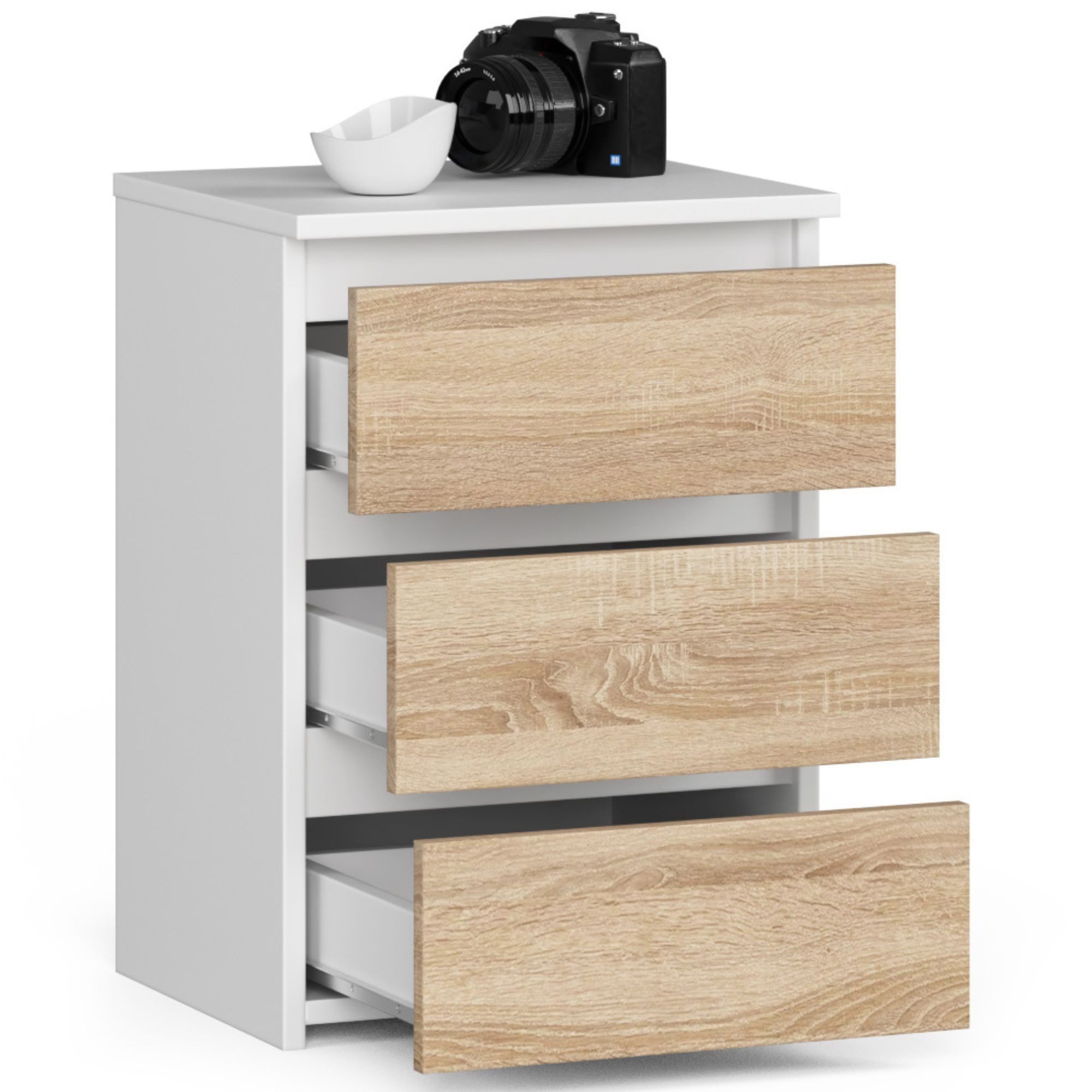 Home Collective Kommode 40 cm breit Holz Highboard Sideboard für Flur Schlafzimmer Wohnzimmer (Mehrzweckschrank Schrank schmal Kommode Schlafzimmer mit Schubladen), Kinderzimmer Organizer, 57 cm hoch mit 3 Schubladen weiß-sonoma Eiche