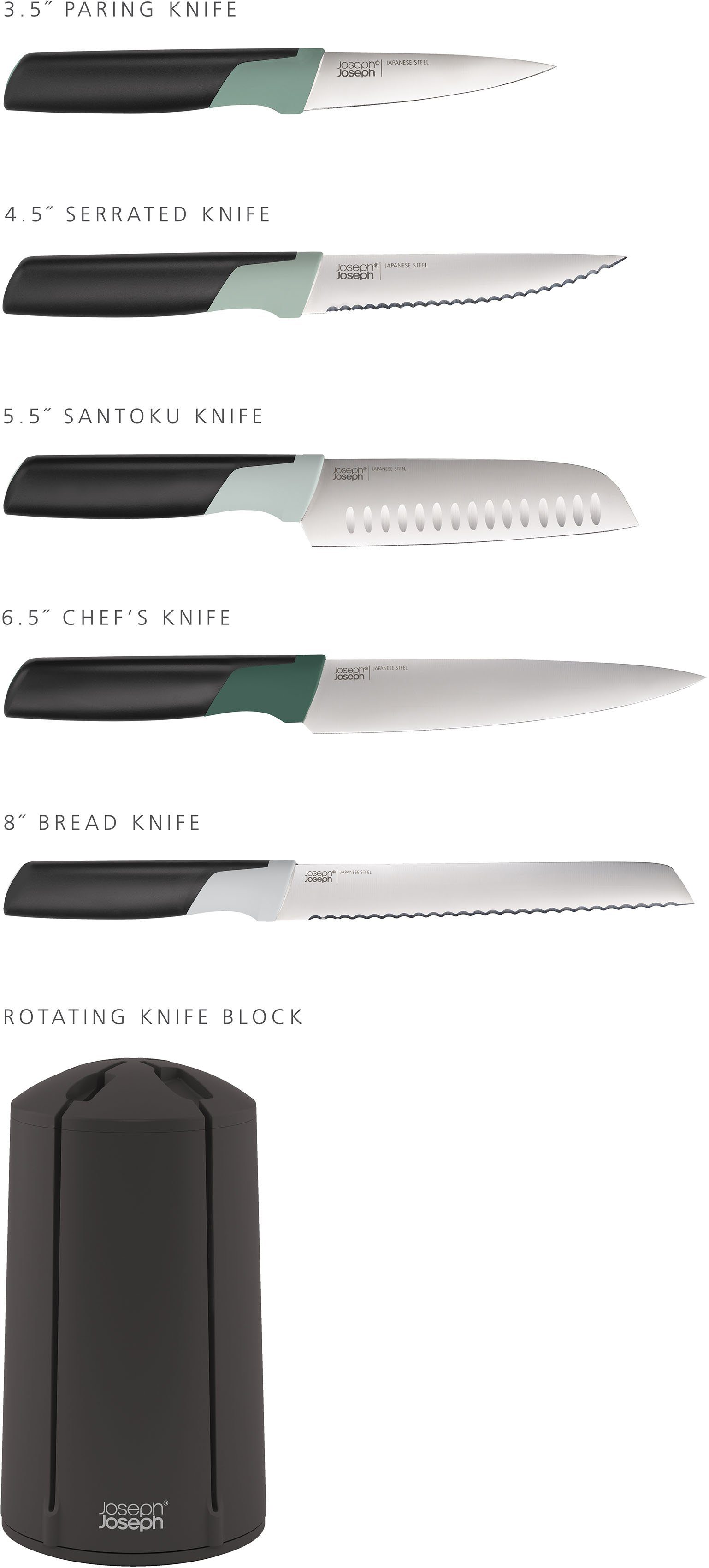 Joseph Joseph Messerblock Elevate (6tlg), inkl. 5 Kochmesser, Klingen aus japanischem Edelstahl