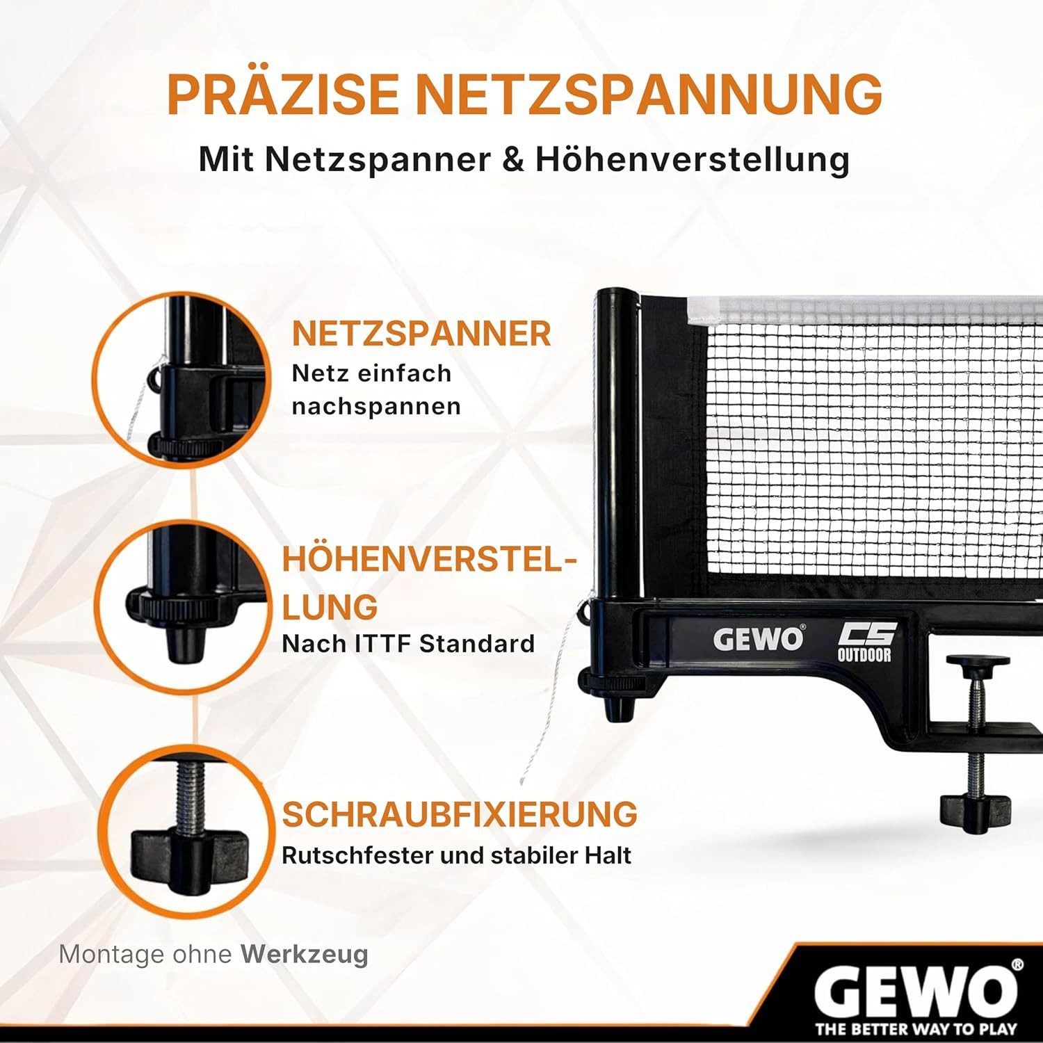 Gewo Tischtennisnetz CS Outdoor, Netz für Tischtennis, schwarzes Garn