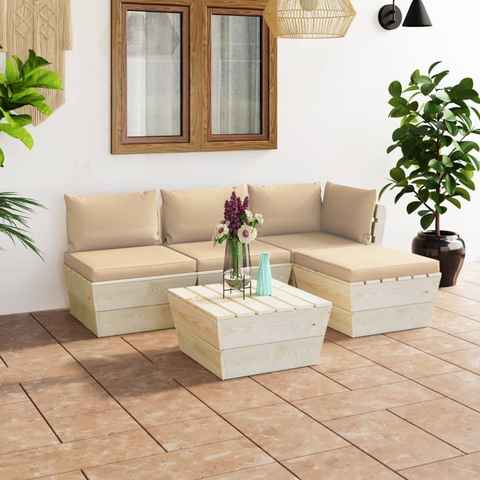 vidaXL Gartenlounge-Set 5-tlg. Garten-Sofagarnitur aus Paletten mit Kissen Fichtenholz, (1-tlg)