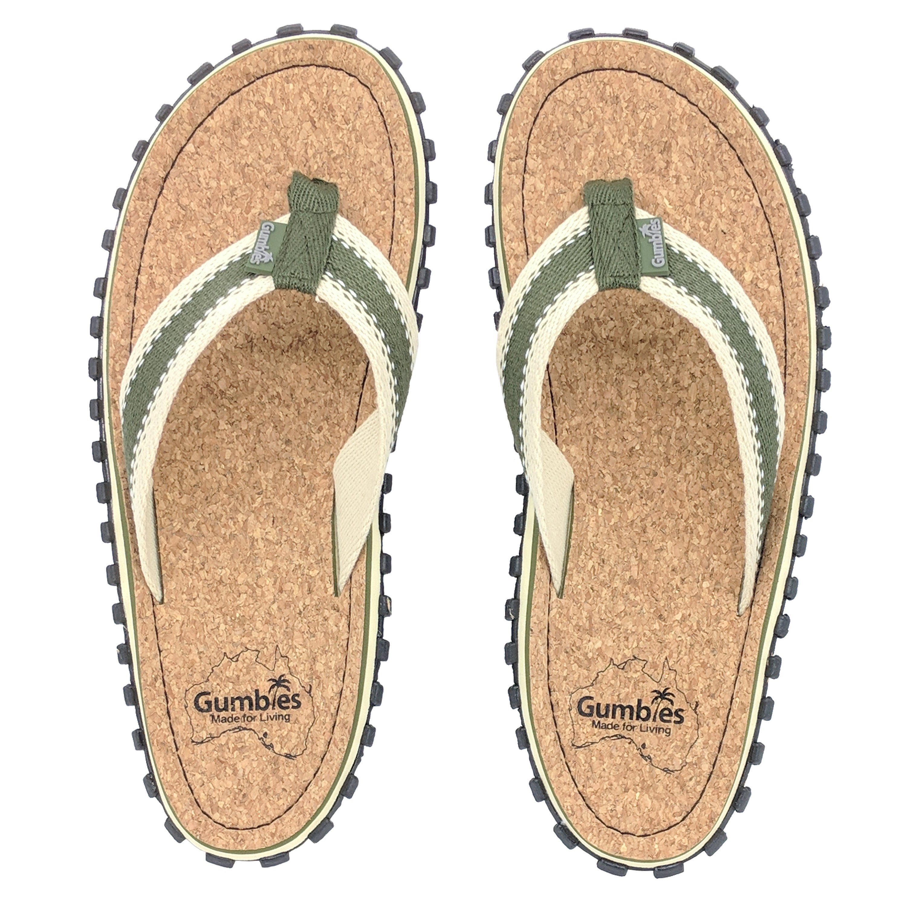 Gumbies Corker in Khaki T-Strap-Zehentrenner aus recycelten Materialien hergestellt, stabile Gummisole