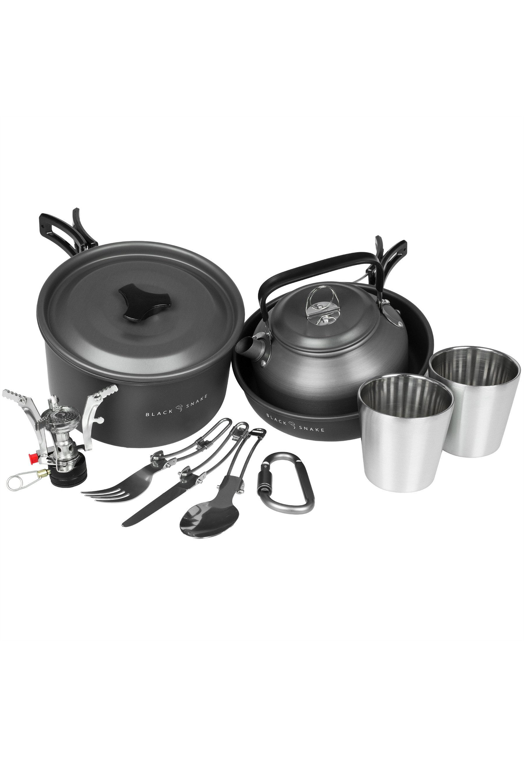 Black Snake Geschirr-Set Camping Kochgeschirr Set 10-teilig für 1-2 Personen (10-tlg), 2 Personen, Aluminium, Kompaktes Kochset mit Topf, Pfanne, Kessel und Besteck