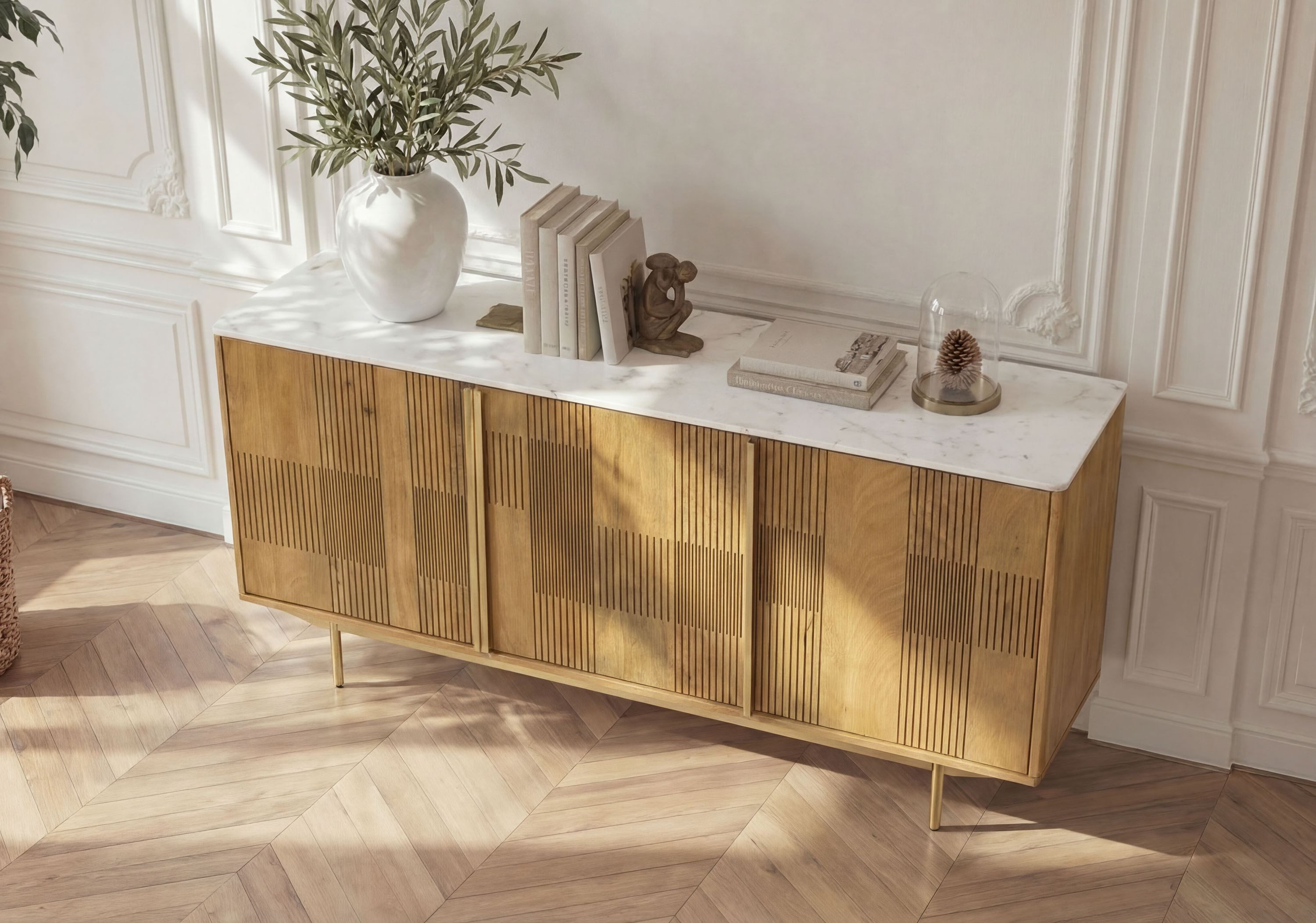 Massivmoebel24 Sideboard MIAMI (Massivholz), Mango 180x40x80 hellbraun geölt / Marmor weiß MIAMI #100