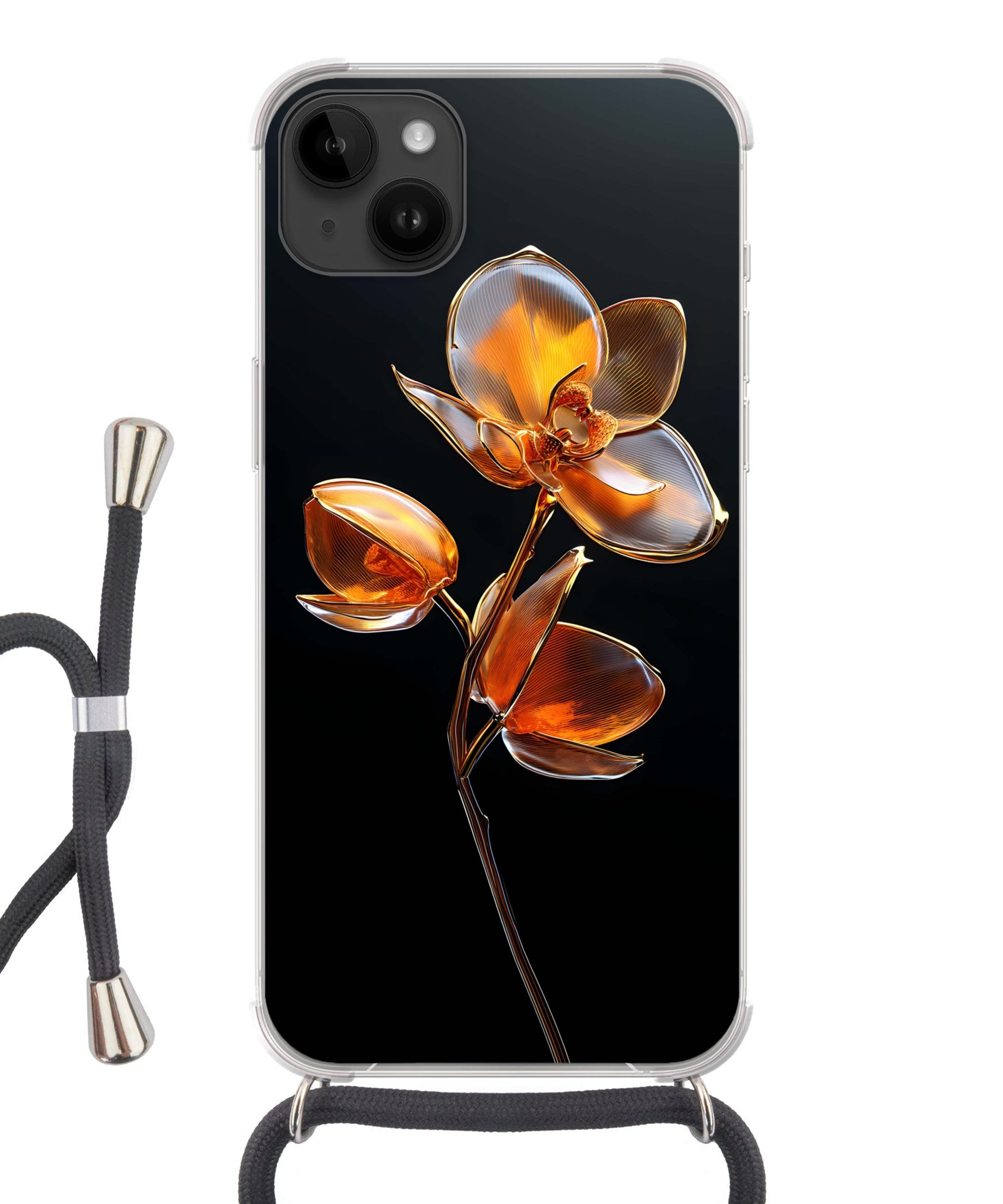 MuchoWow Handyhülle für Apple iPhone 14 Max Blume - Orchidee - Orange, Tragbare Handyhüllen mit Kette zum umhängen, Handykette Handyband