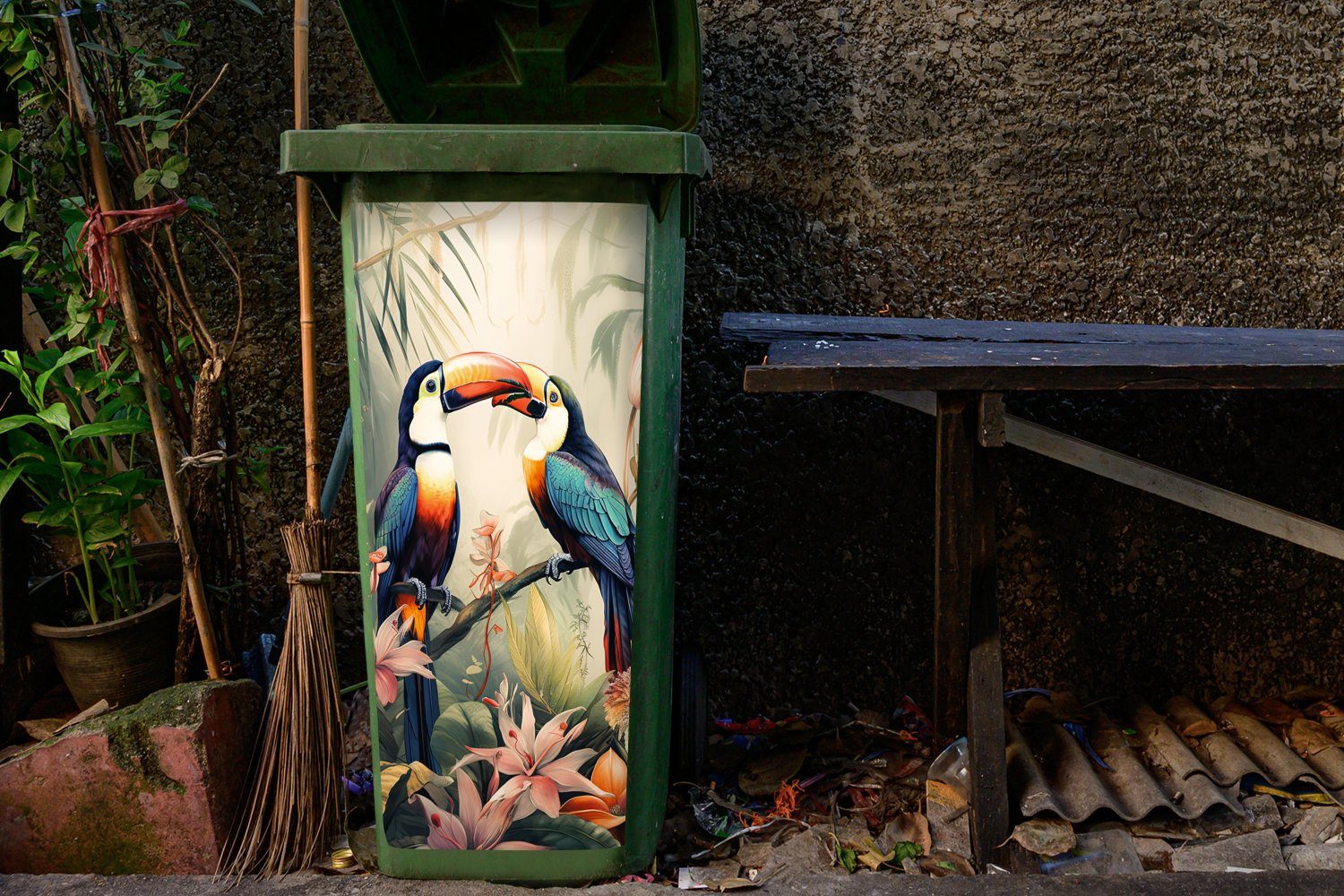 Tukan (1 Mülleimer-aufkleber, Mülltonne, - MuchoWow St), Natur Container, Dschungel Blumen - Vögel Abfalbehälter Sticker, - Wandsticker -