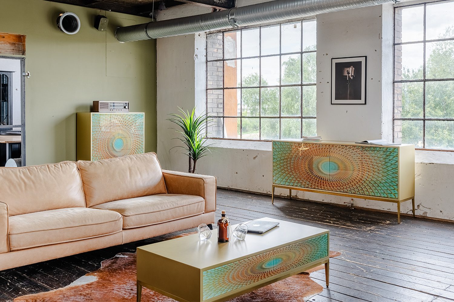 KAWOLA Sideboard, 4 Türen Glas grün/gold 180/85/40 (B/H/T)