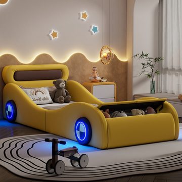 REDOM Kinderbett in Form eines Autos mit leuchtenden Rädern und Stauraum (Einzelbett, Polsterbett, Kunstleder 90x200cm), ohne Matratze