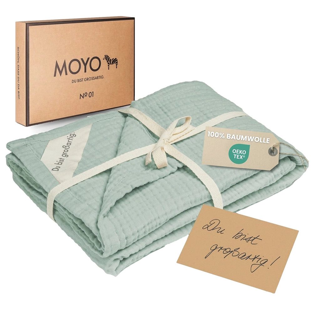 Babydecke Musselin Decke 100 cm x 75 cm Heller Eukalyptus, Moyo, 4-lagiges Musselin, 100% plastikfrei, 100cm x 75cm