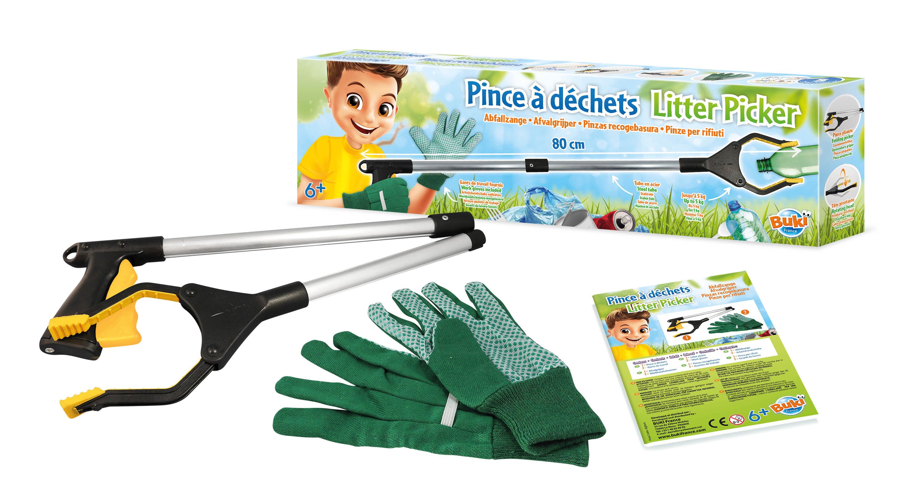 Buki France Gartenpflege-Set BUKI Abfallzange mit Greifkopf und Handschuhen für Kinder ab 6