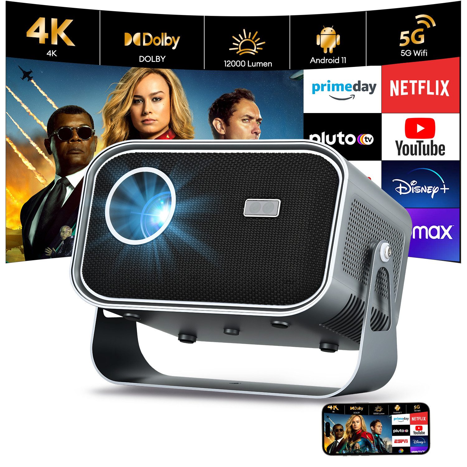 CkeyiN LCD-Beamer 4K 1080P Projektor unterstützt Netflix Youtube LCD-Beamer (12000 lm, 1280×720 px, Autofokus Beamer Augenschonender Projektor Wifi 2,4G 5G Android 11)