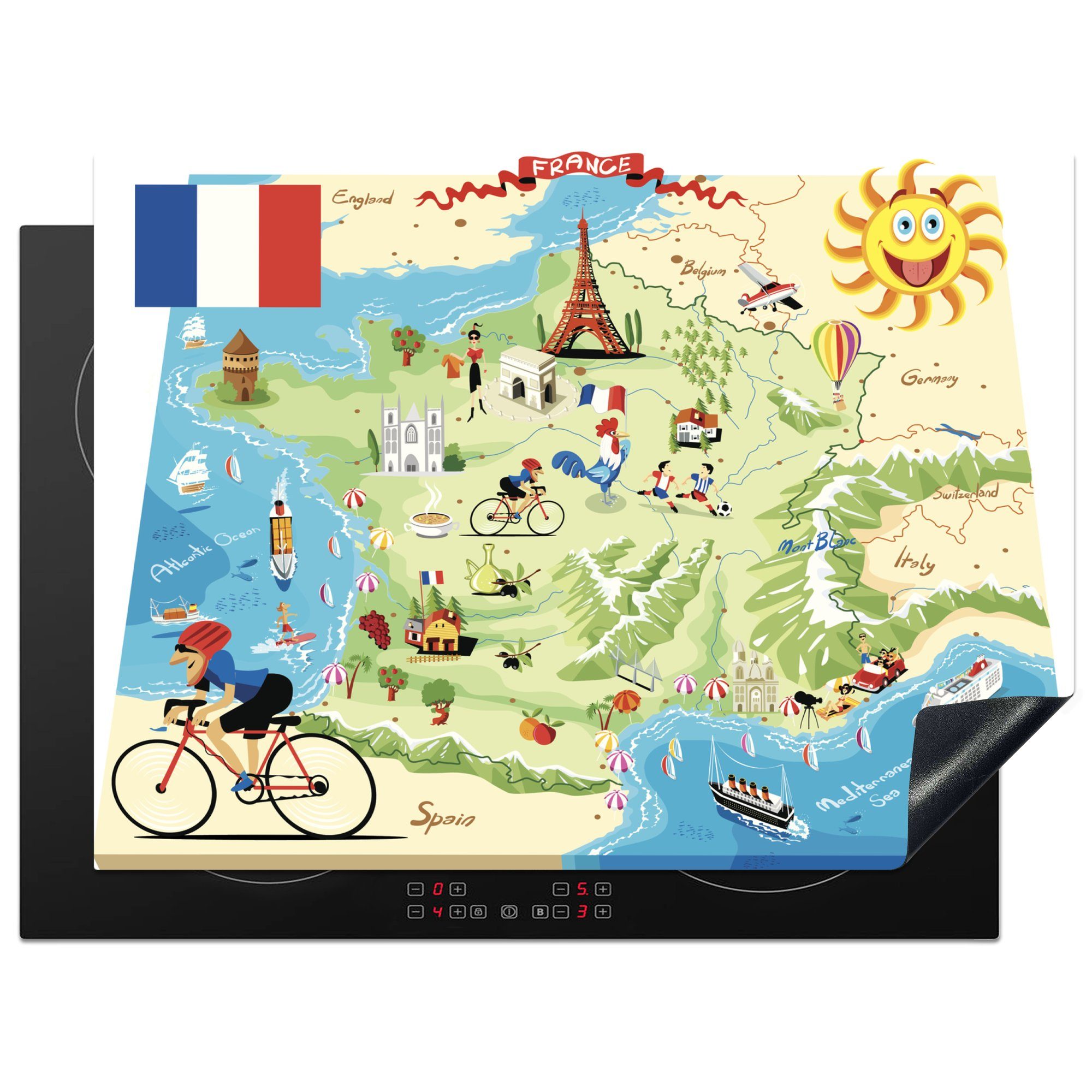 MuchoWow Herdblende-/Abdeckplatte Eine Illustration von Frankreich im Cartoon-Stil, Vinyl, (1 tlg), 70x52 cm, Mobile Arbeitsfläche nutzbar, Ceranfeldabdeckung