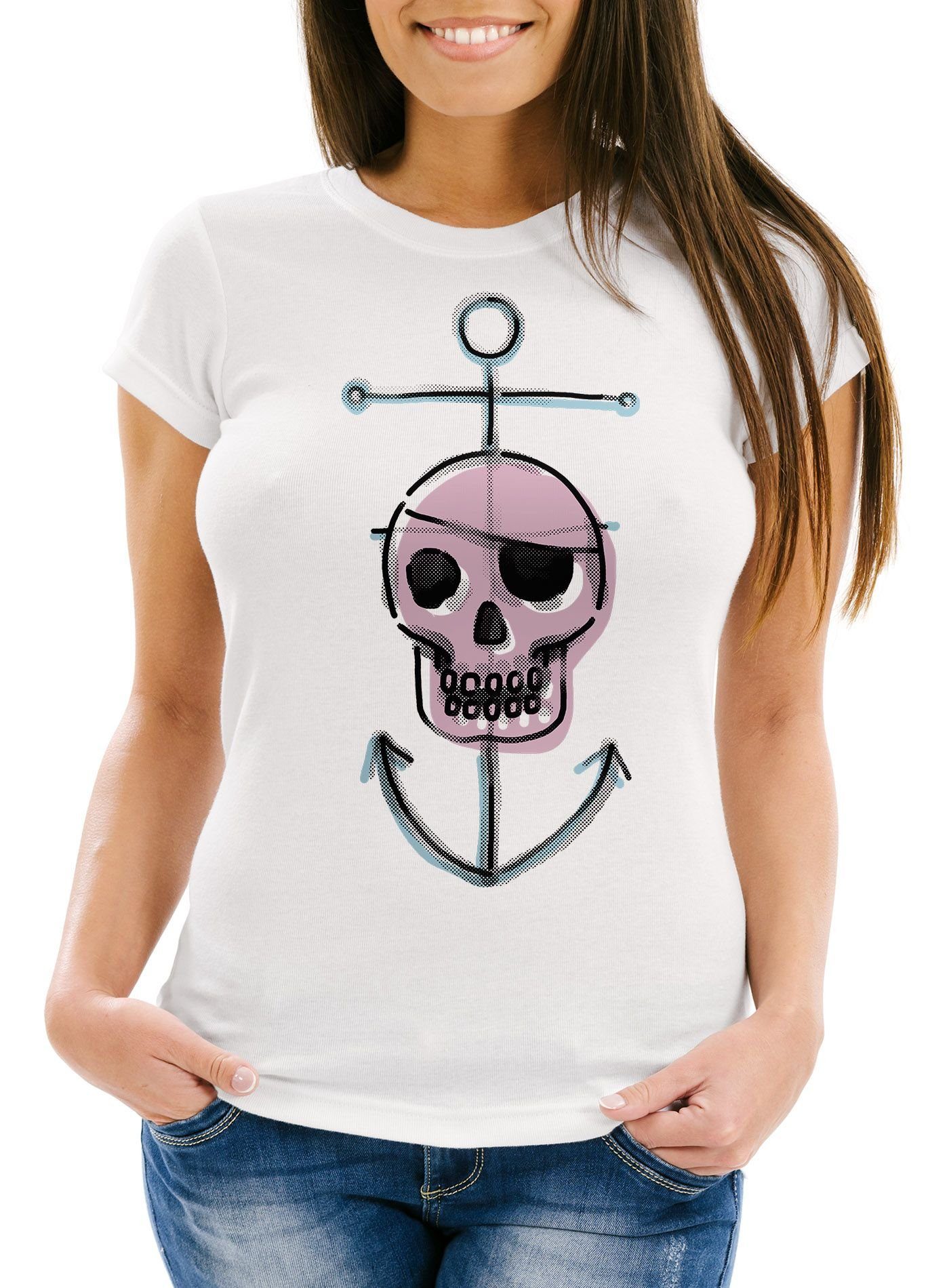 Damen Shirts MoonWorks Print-Shirt Damen T-Shirt Pirate Skull mit lustigem Totenkopf Piraten Motiv Slim Fit Moonworks® mit Print