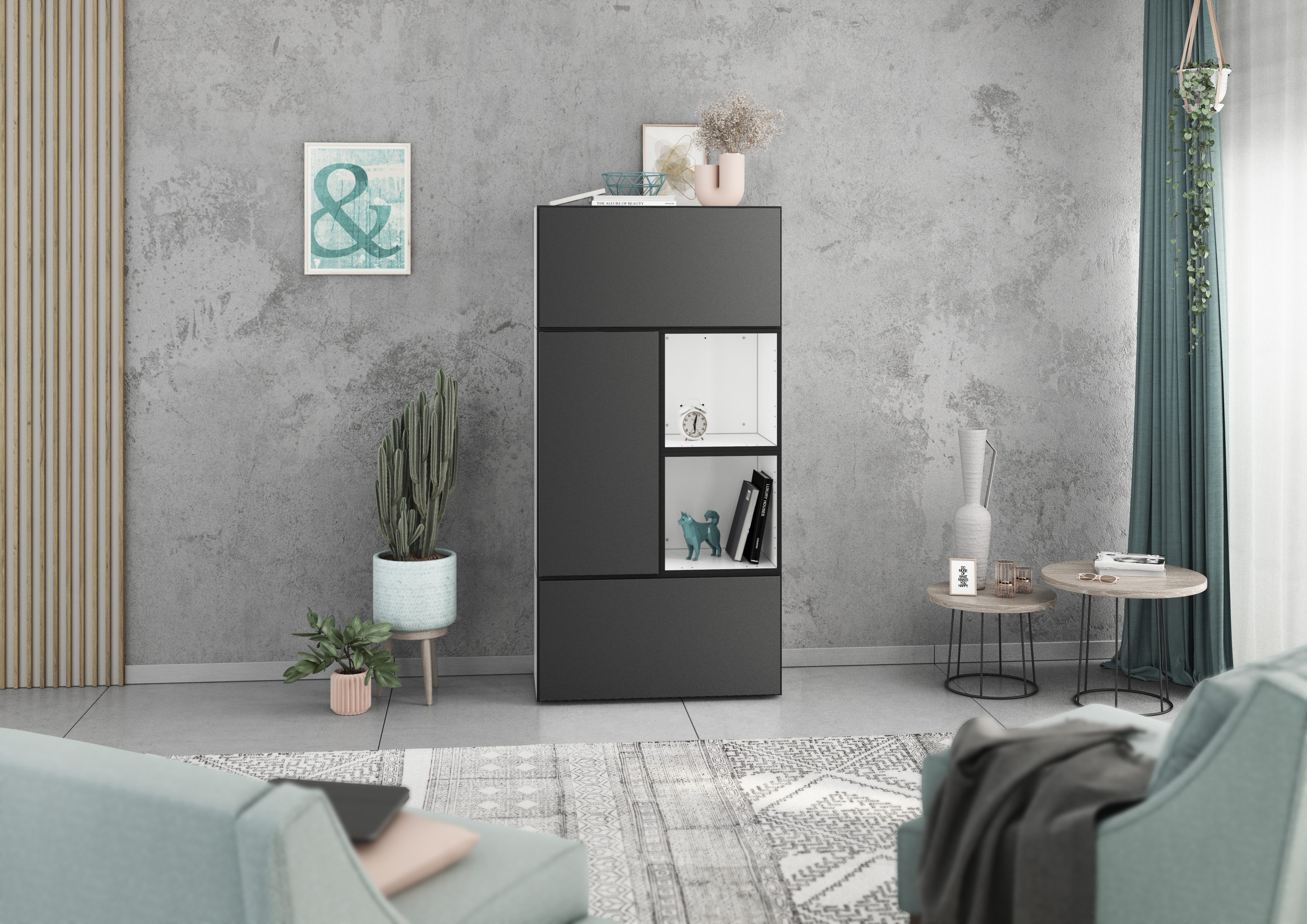 BMG Möbel Stauraumvitrine Modul+ (5 teiliges Highboard Set bestehend aus, 2x Schrank mit Klappenfunktion, 1 x Schrank mit Tür, 2x offenes Regal) Schränke können individuell angeordnet werden, Soft-Close