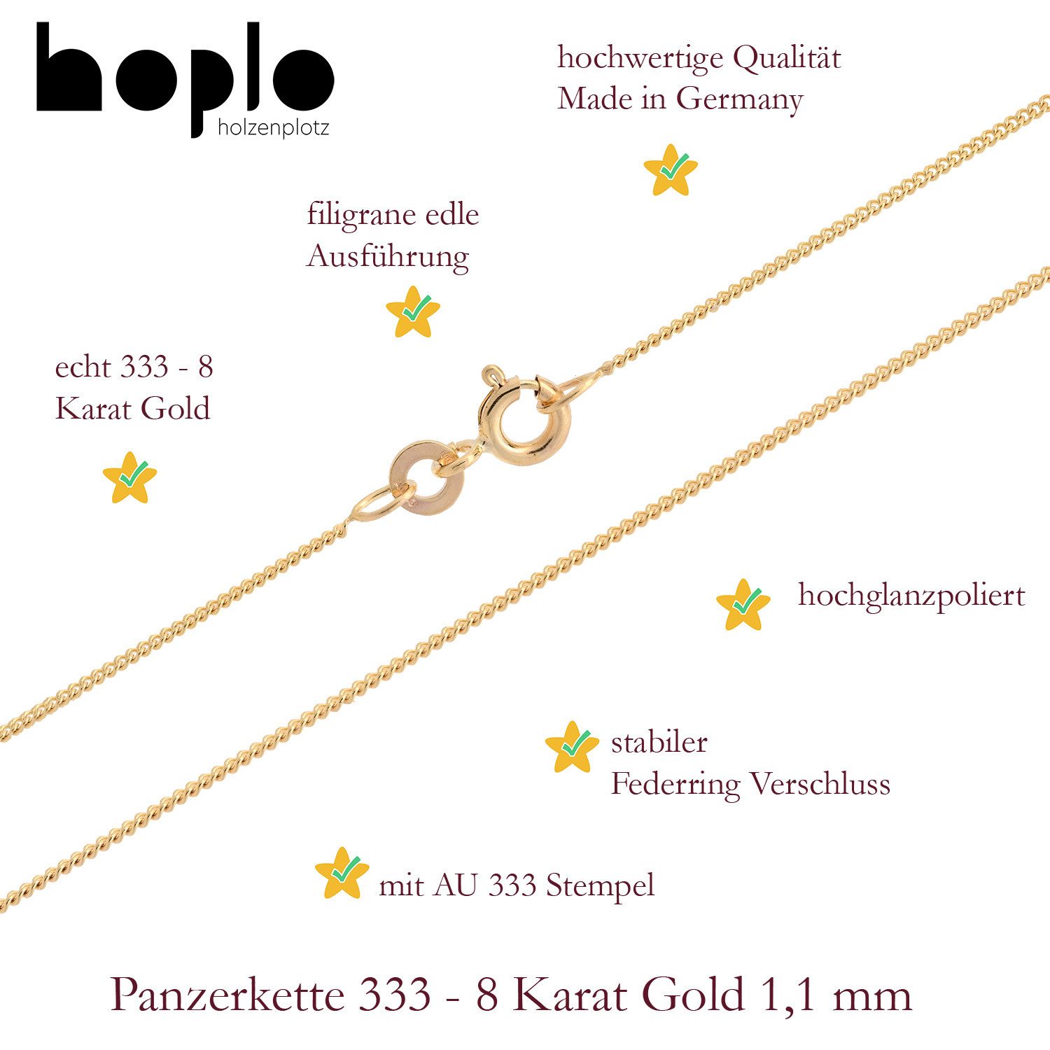 HOPLO Panzerkette Goldkette Panzerkette Länge 36cm - Breite 1,1mm - 333-8 Karat Gold, Made in Germany – Bild 5 von 5