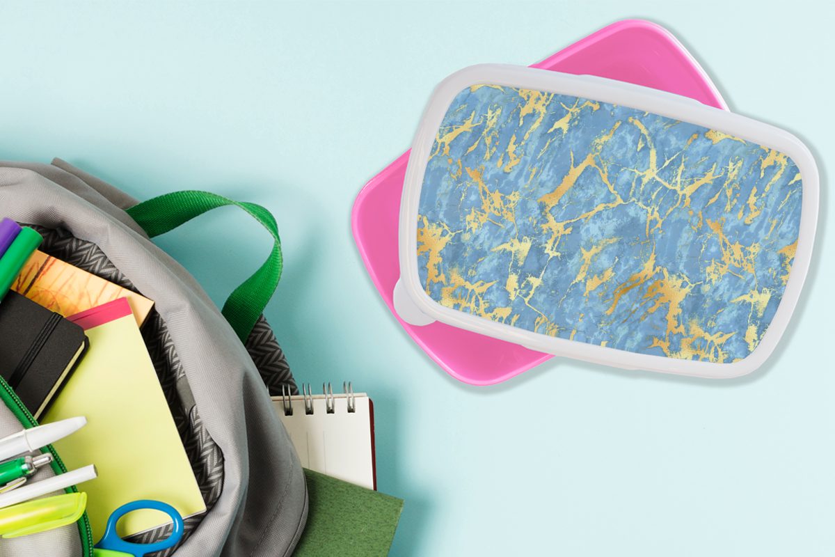 MuchoWow Lunchbox Marmor rosa Snackbox, Kunststoff Blau, Kinder, Kunststoff, - - Brotdose für Brotbox Mädchen, (2-tlg), Erwachsene, Gold