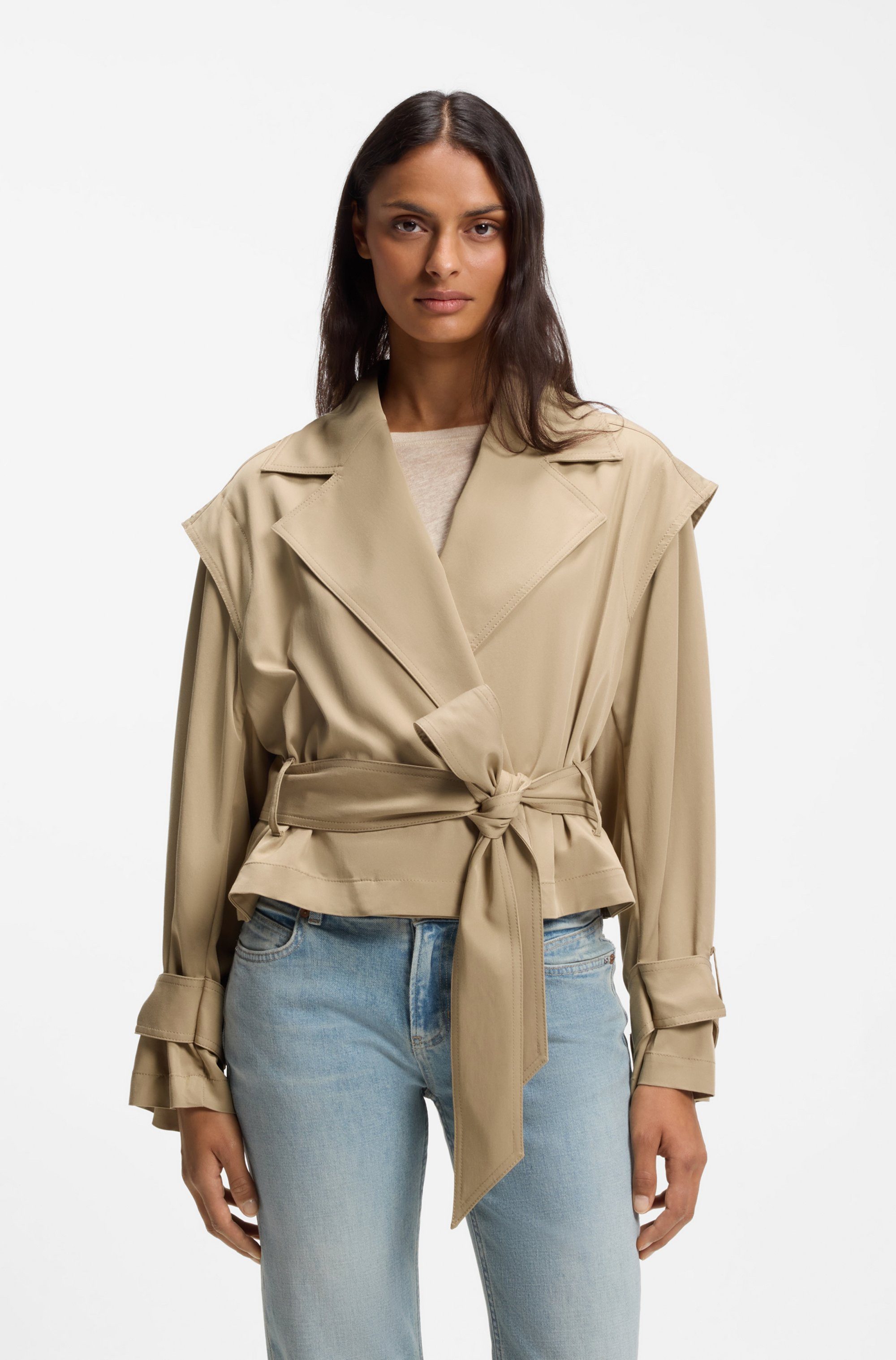 BOSS ORANGE Kurzjacke Jophelia Premium Damenmode aus softem Materialmix, mit Bindegürtel