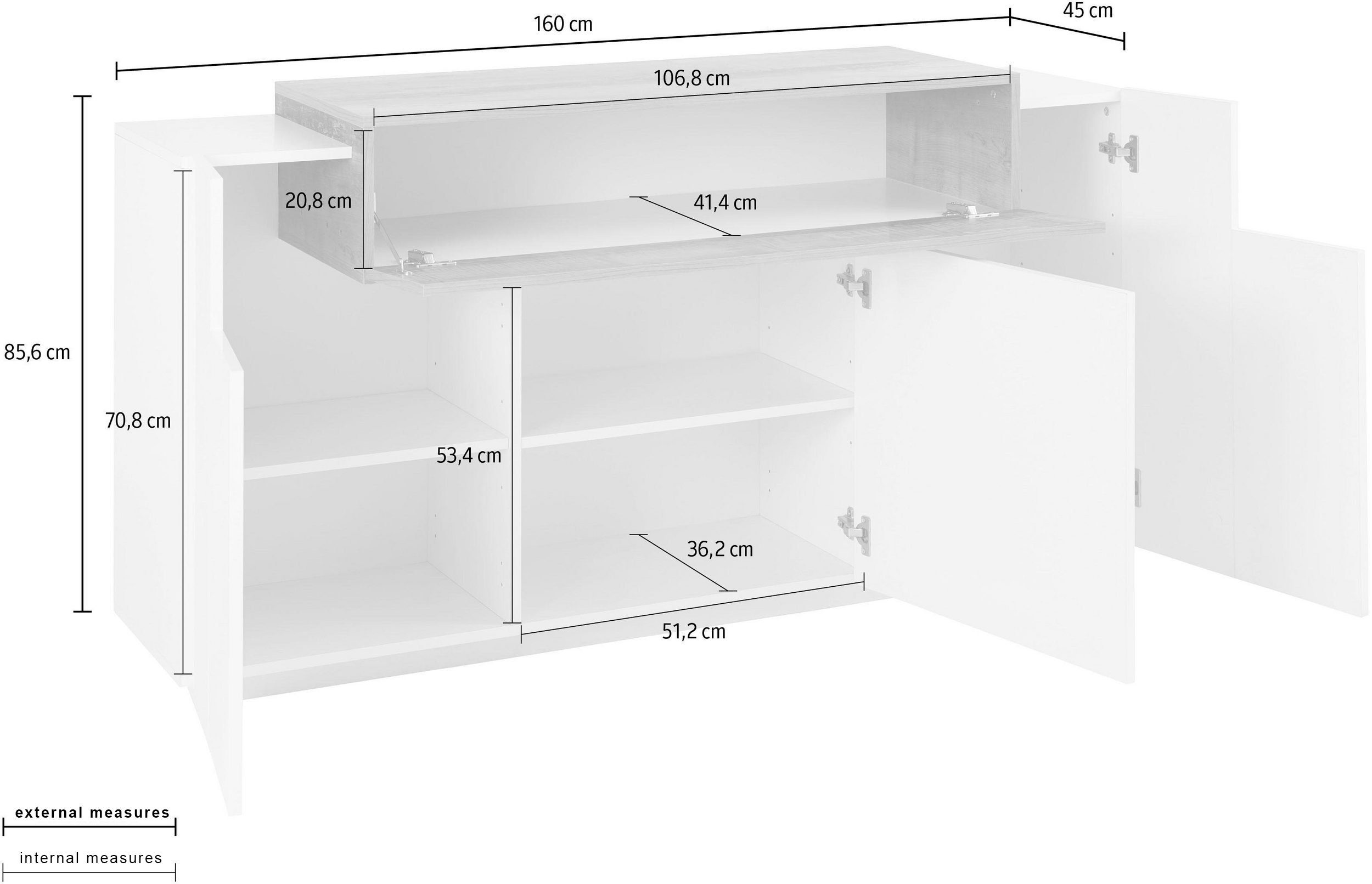 möbelando Sideboard Catania, 160 x 86 x 45 cm (B/H/T)