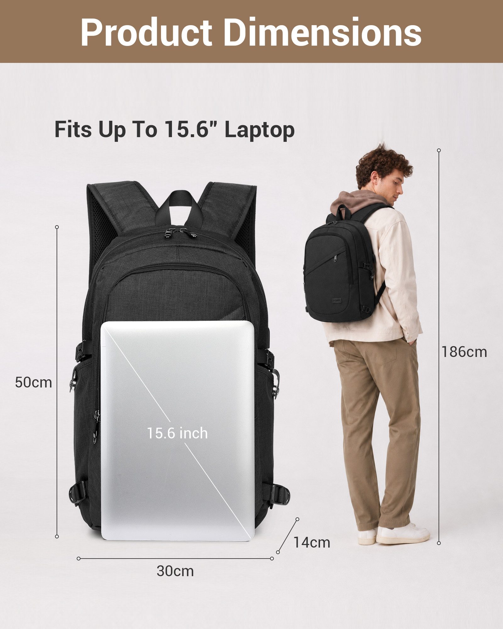 KONO Laptoprucksack, XL Laptop-Rucksack (50x30x14cm) + kleines Zahlenschloss